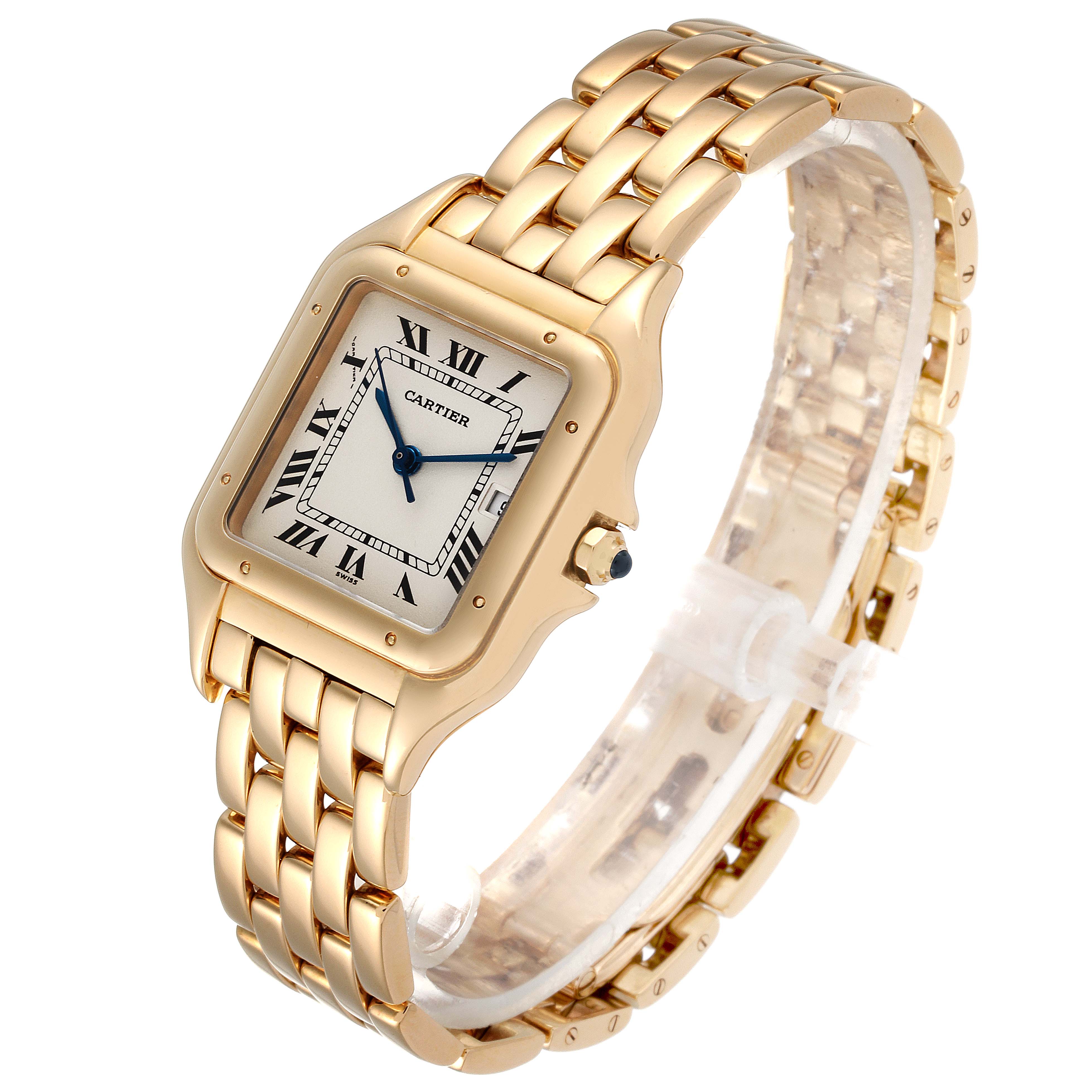 The image shows a Cartier Panthere W25014B9 Men's Yellow Gold Silver Dial W25014B9 Men's Yellow Gold Silver Dial watch, displaying its face, band, and crown at a slightly tilted side angle.