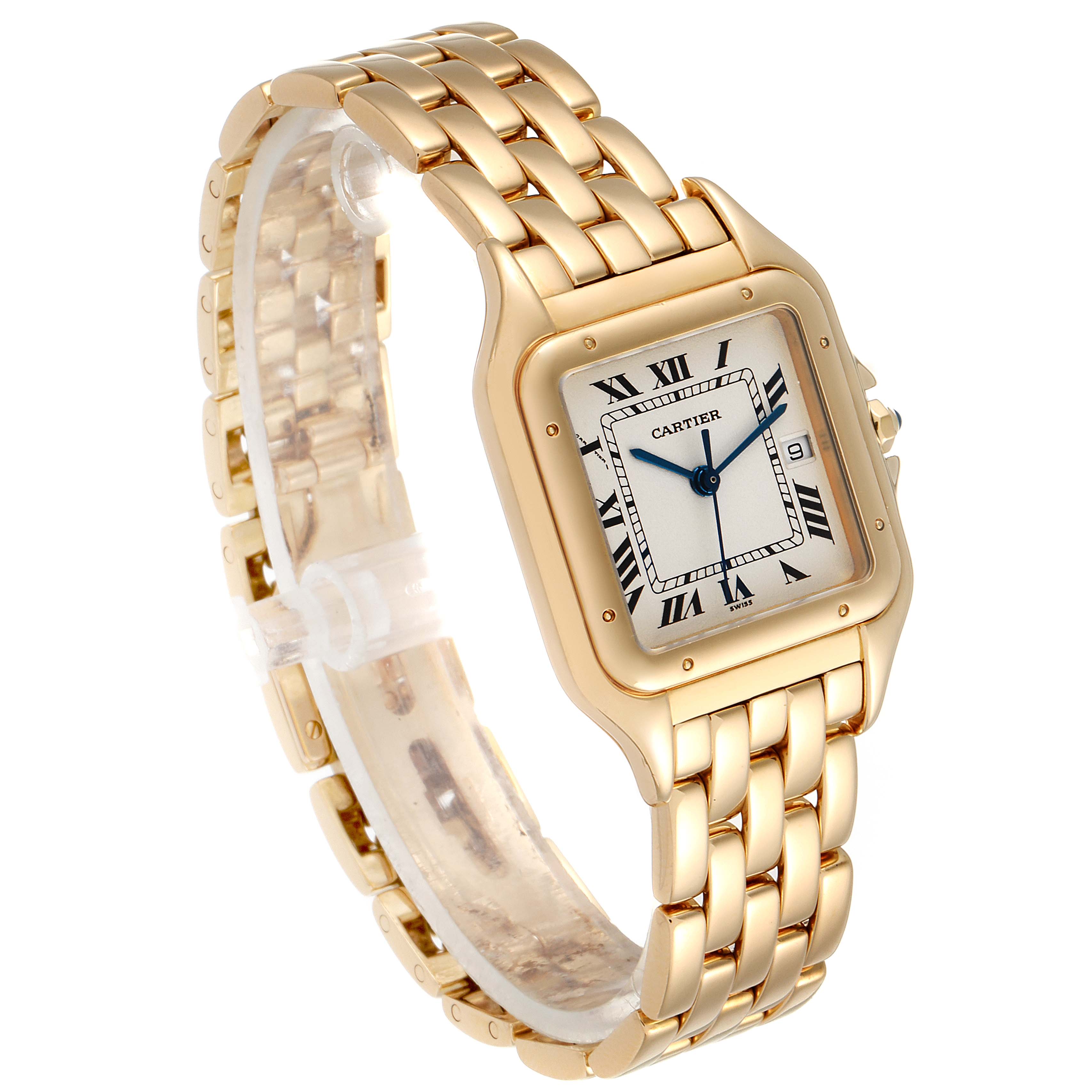 The image shows a Cartier Panthere W25014B9 Men's Yellow Gold Silver Dial W25014B9 Men's Yellow Gold Silver Dial watch at a slight angle, highlighting the rectangular face, gold case, and matching gold link bracelet.