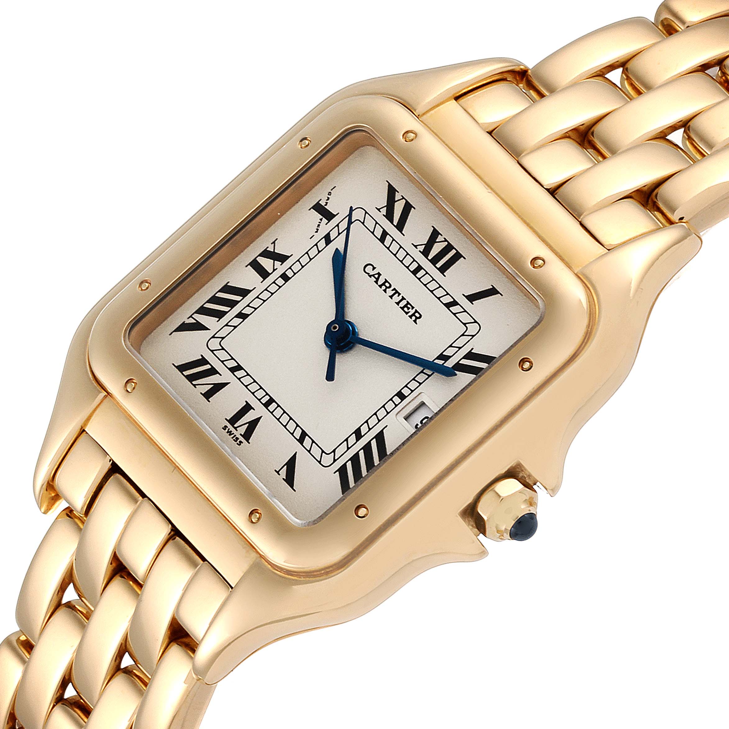 The Cartier Panthere W25014B9 Men's Yellow Gold Silver Dial W25014B9 Men's Yellow Gold Silver Dial watch is shown from an angled view displaying the rectangular dial, gold case, and link bracelet.