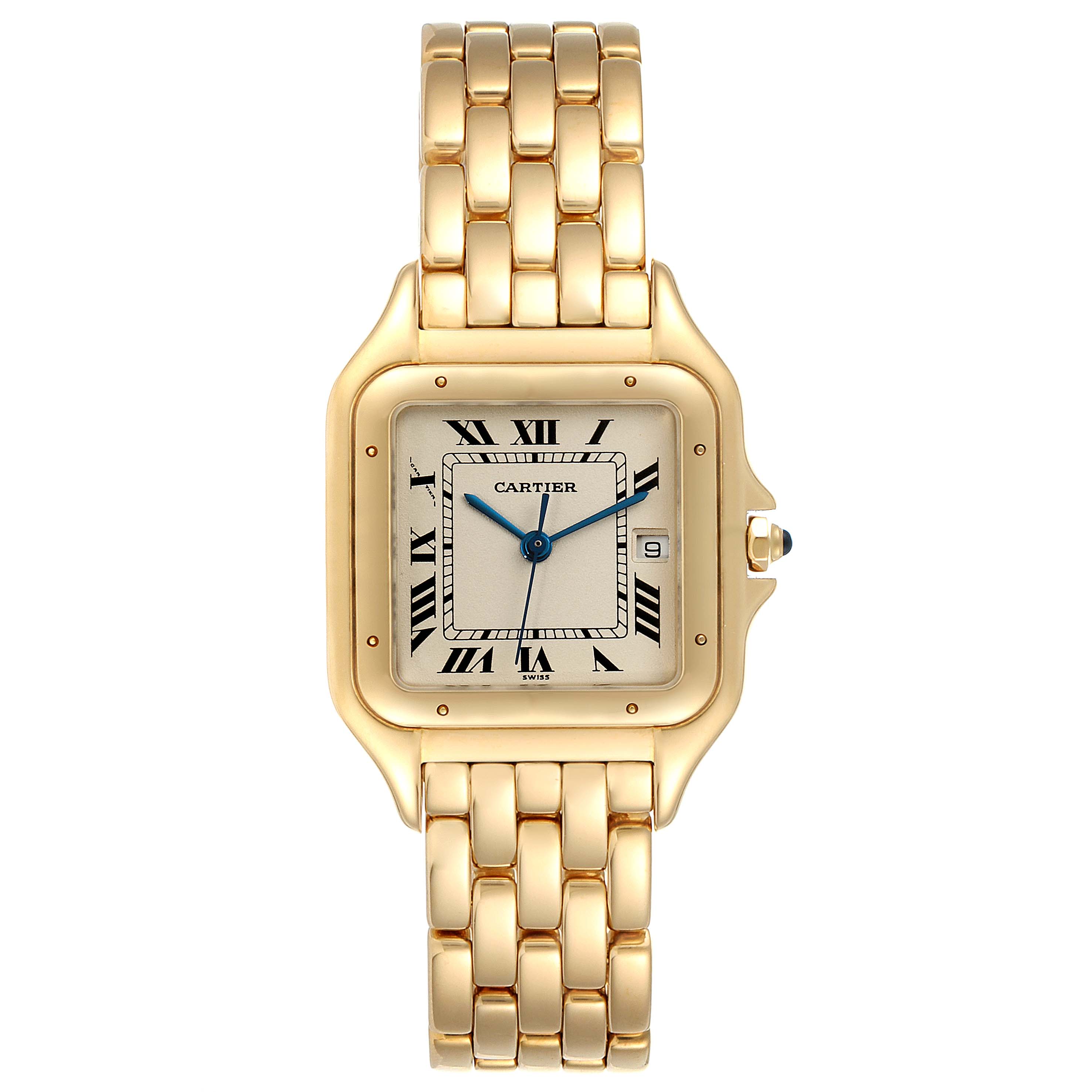 The image shows the front view of a Cartier Panthere W25014B9 Men's Yellow Gold Silver Dial W25014B9 Men's Yellow Gold Silver Dial watch, highlighting the dial, hands, date window, and bracelet.