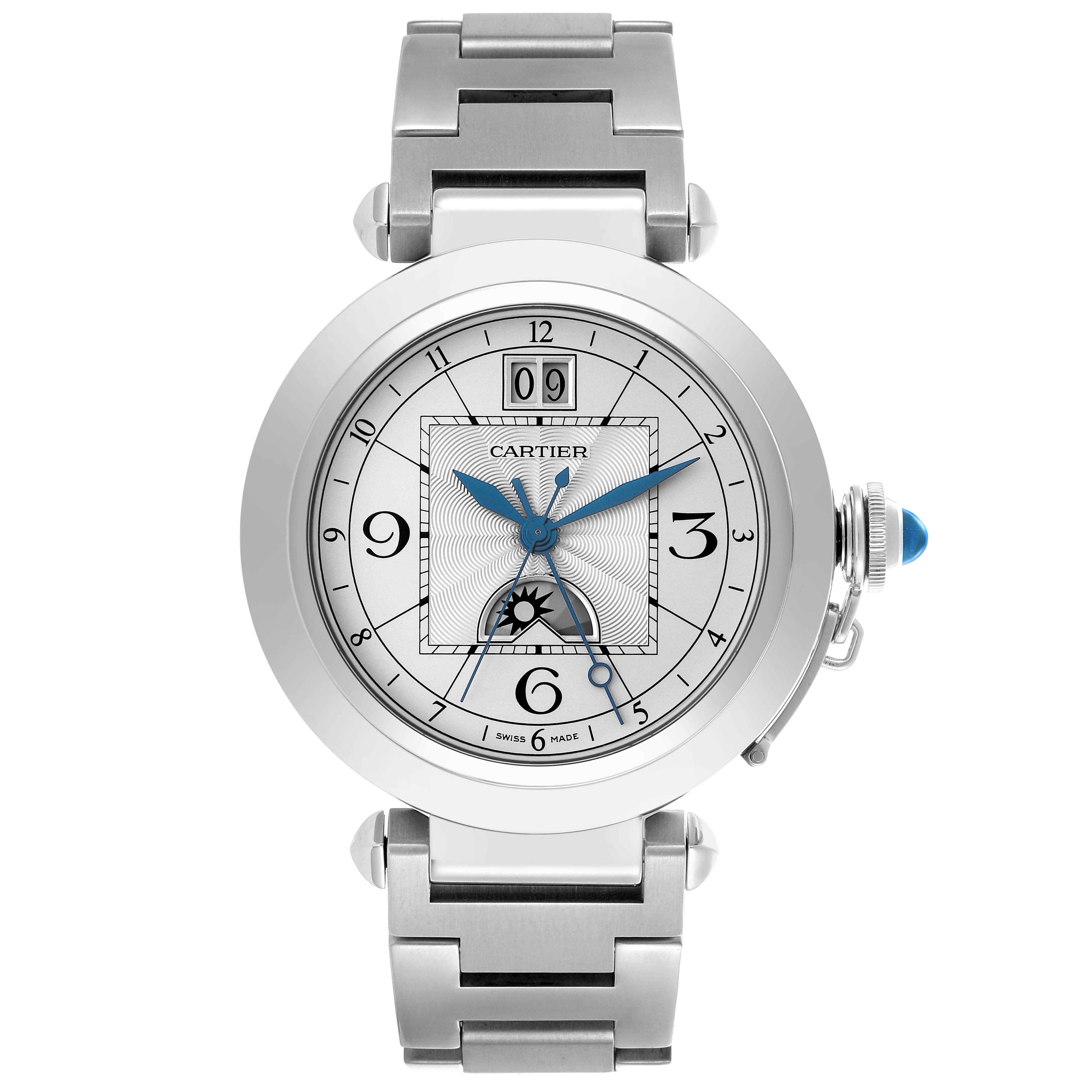 The Cartier Pasha W31093M7 Men's Stainless Steel Silver Dial W31093M7 Men's Stainless Steel Silver Dial watch is shown from the front, highlighting its dial, hands, bracelet, and crown.