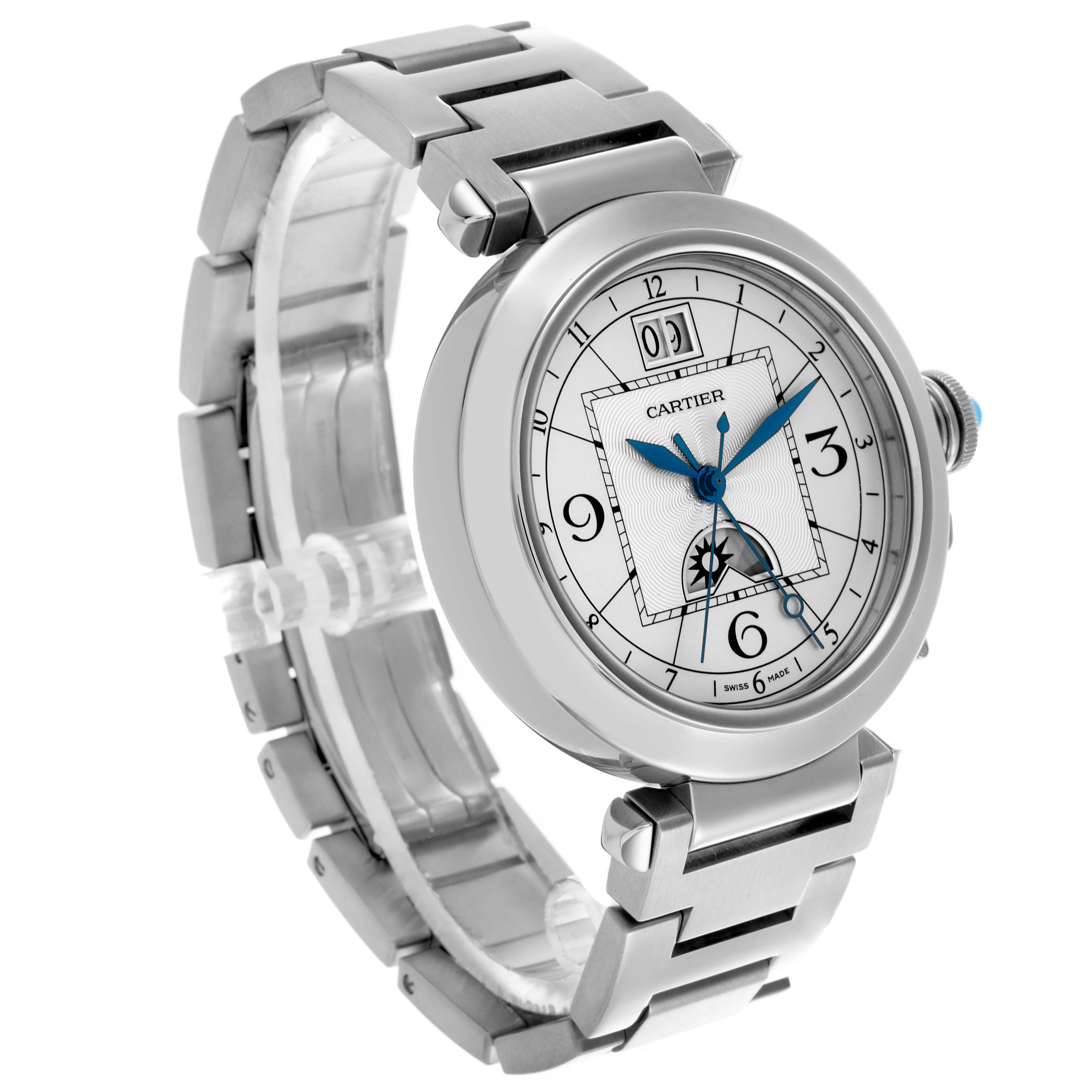 The Cartier Pasha W31093M7 Men's Stainless Steel Silver Dial W31093M7 Men's Stainless Steel Silver Dial watch is shown at a three-quarter angle, highlighting the face, bracelet, and crown.