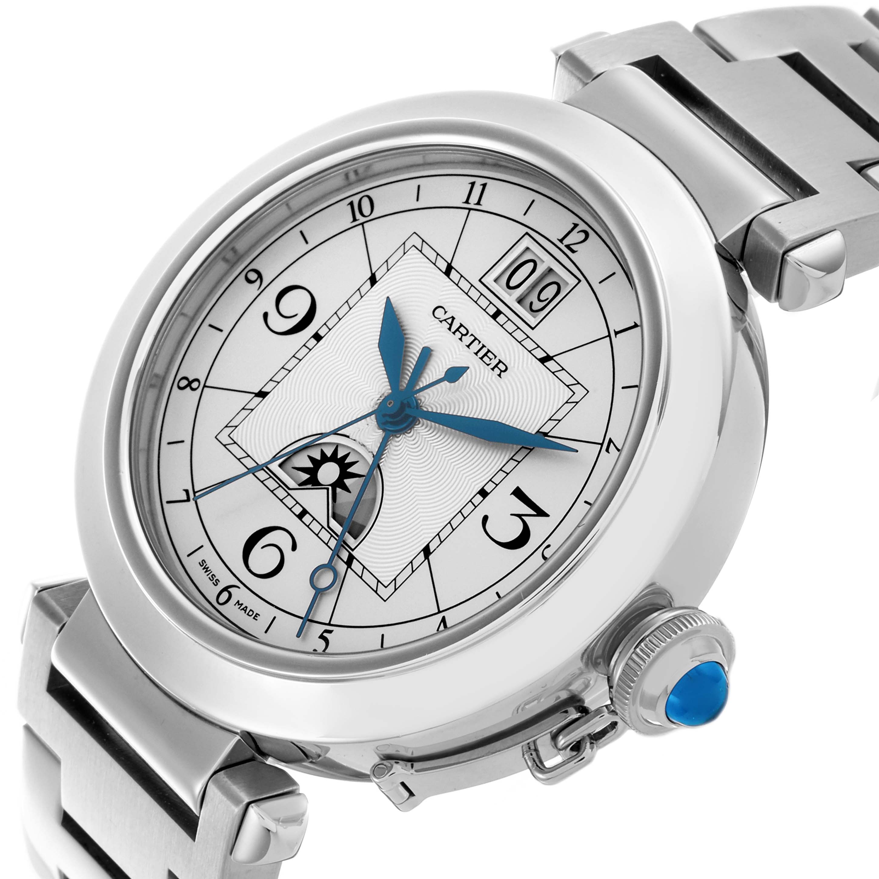 The Cartier Pasha W31093M7 Men's Stainless Steel Silver Dial W31093M7 Men's Stainless Steel Silver Dial watch is shown at a slight angle, highlighting its blue hands, dial details, and metal bracelet.