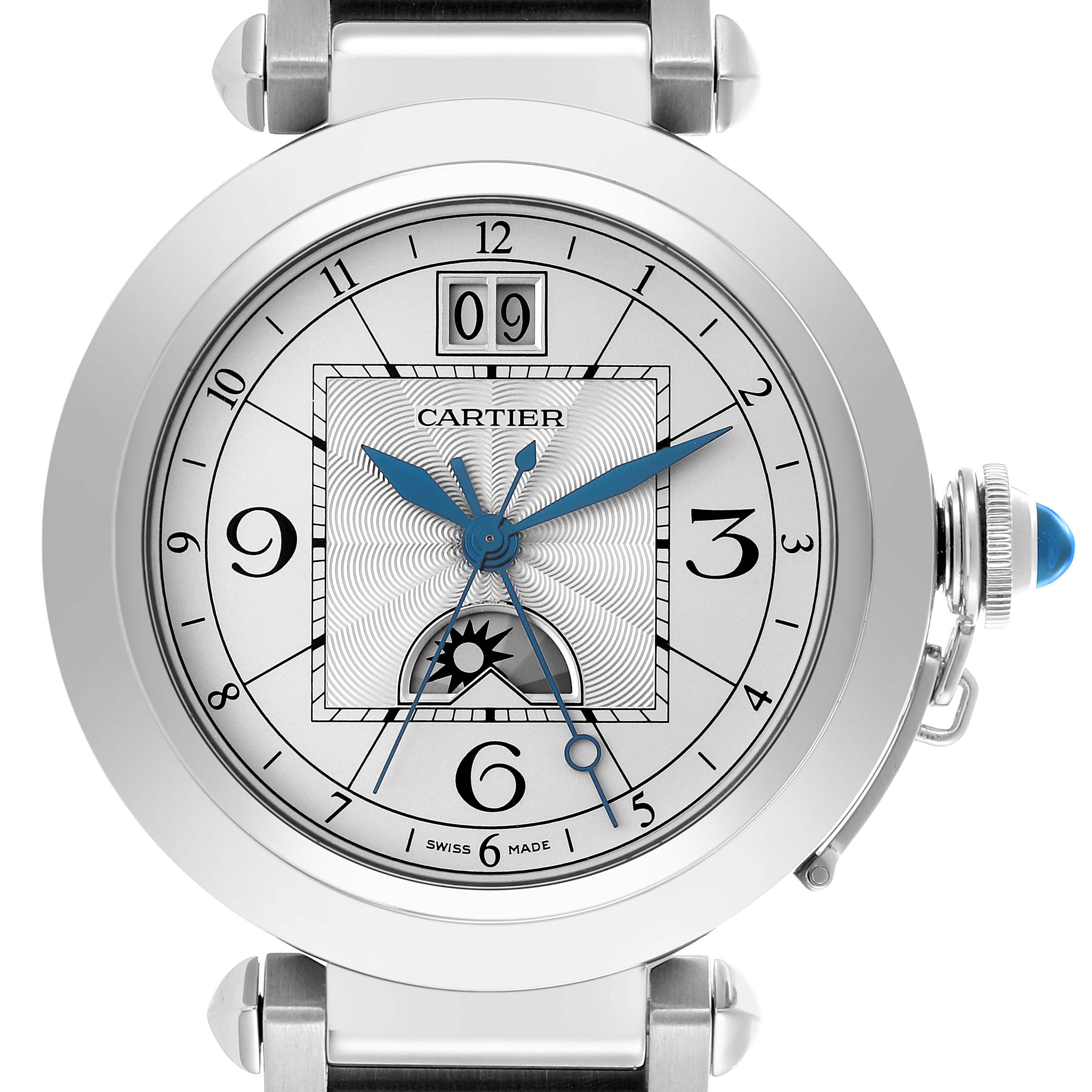 This Cartier Pasha W31093M7 Men's Stainless Steel Silver Dial W31093M7 Men's Stainless Steel Silver Dial watch is shown from a front angle, highlighting its dial, crown with a blue cabochon, and strap attachments.