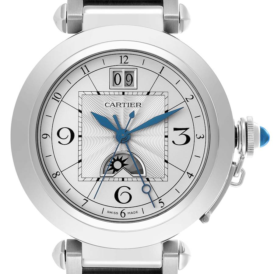 This Cartier Pasha watch is shown from a front angle, highlighting its dial, crown with a blue cabochon, and strap attachments.