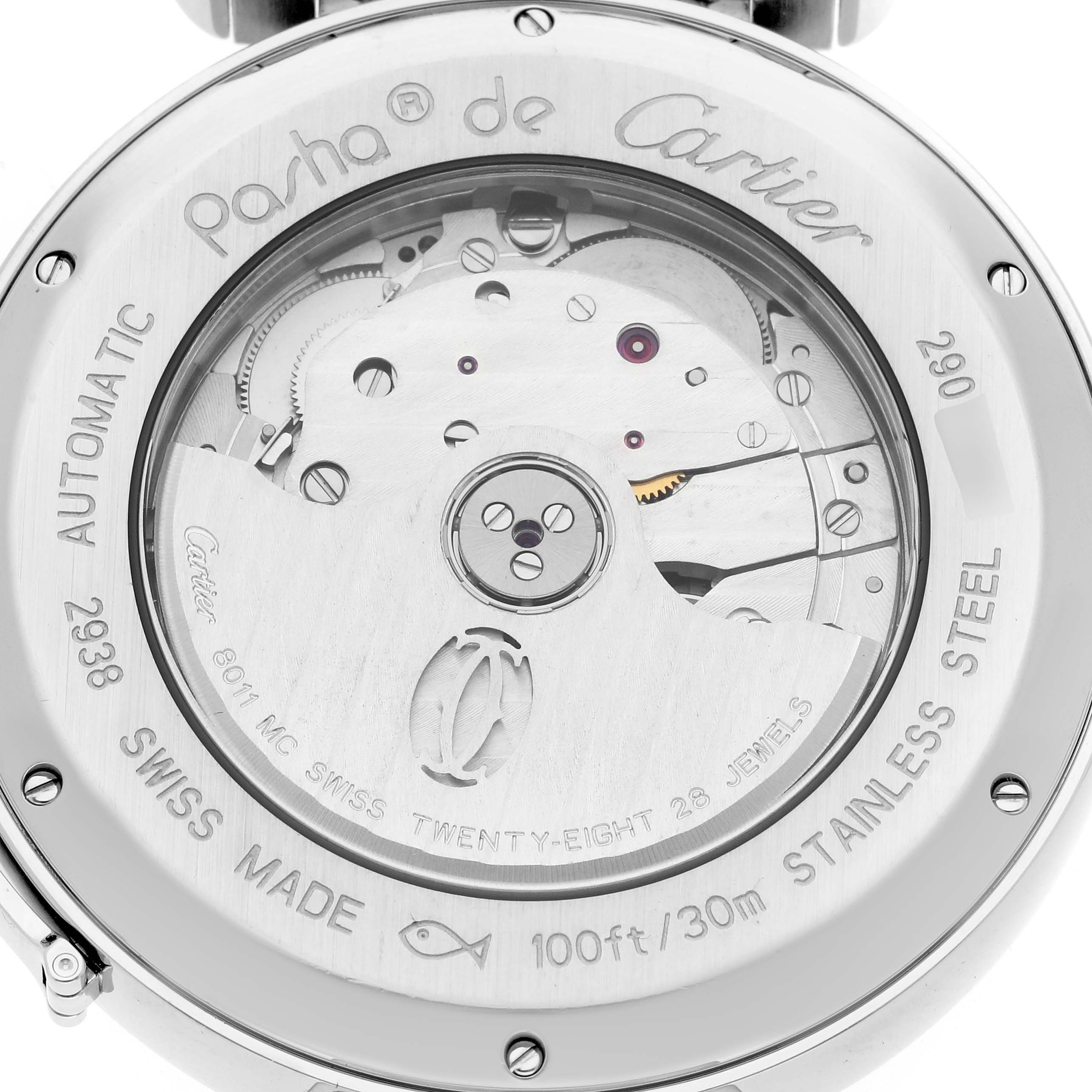 The image shows the back view of a Cartier Pasha W31093M7 Men's Stainless Steel Silver Dial W31093M7 Men's Stainless Steel Silver Dial watch, revealing its automatic movement and internal mechanisms.