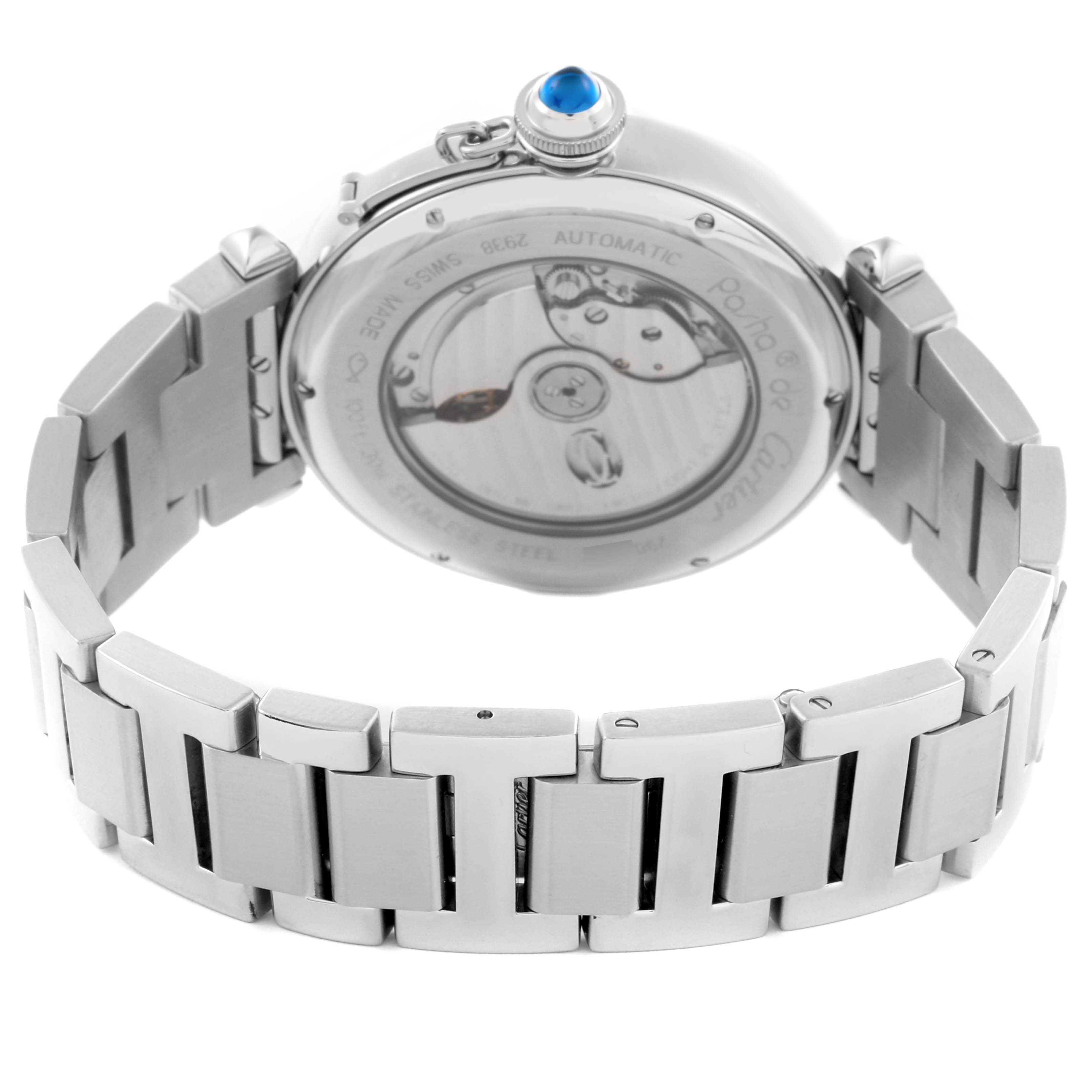 The image shows the back of the Cartier Pasha W31093M7 Men's Stainless Steel Silver Dial W31093M7 Men's Stainless Steel Silver Dial watch, highlighting its automatic movement and metal bracelet.