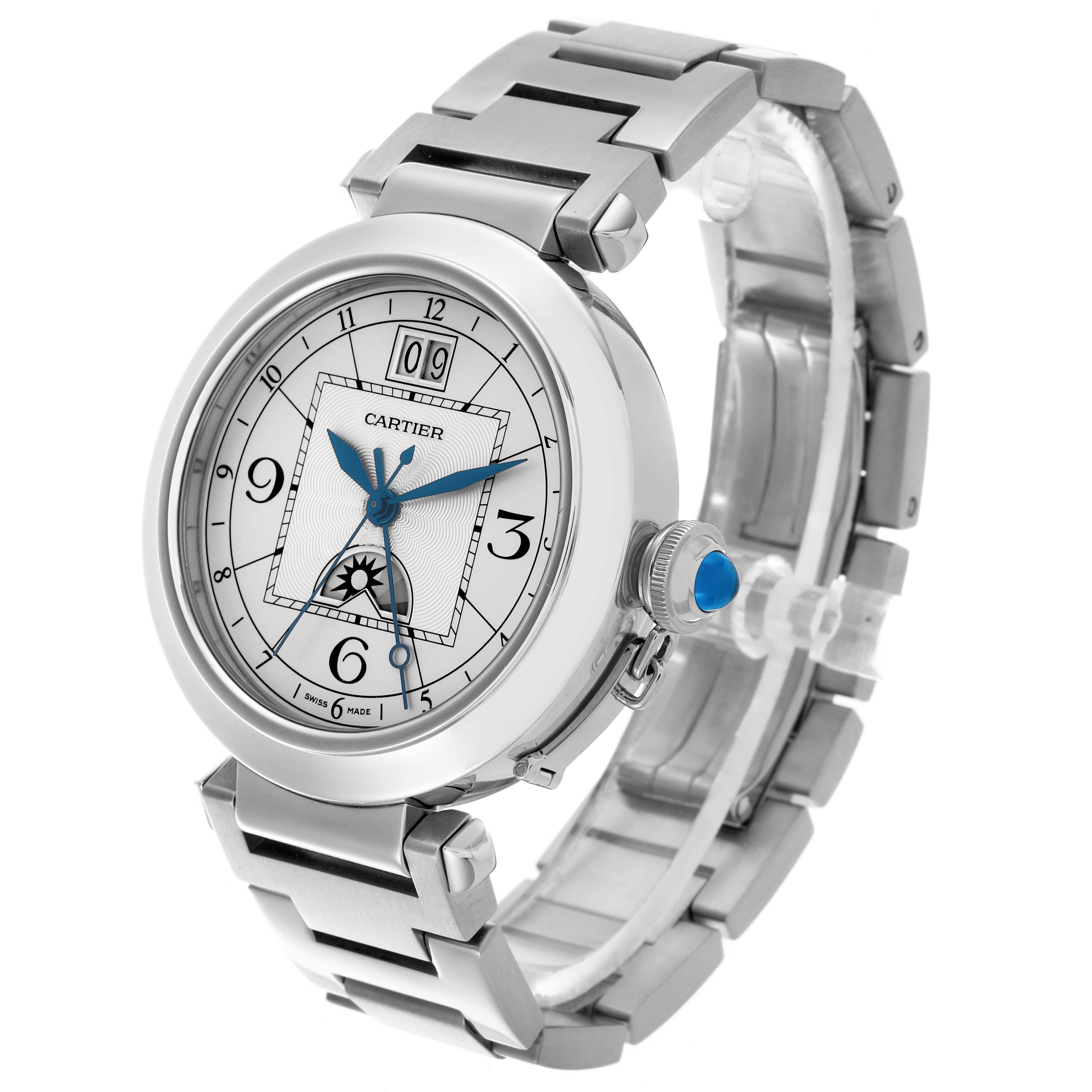 The Cartier Pasha W31093M7 Men's Stainless Steel Silver Dial W31093M7 Men's Stainless Steel Silver Dial watch is shown at a three-quarter angle, highlighting its face, bracelet, and distinctive crown.