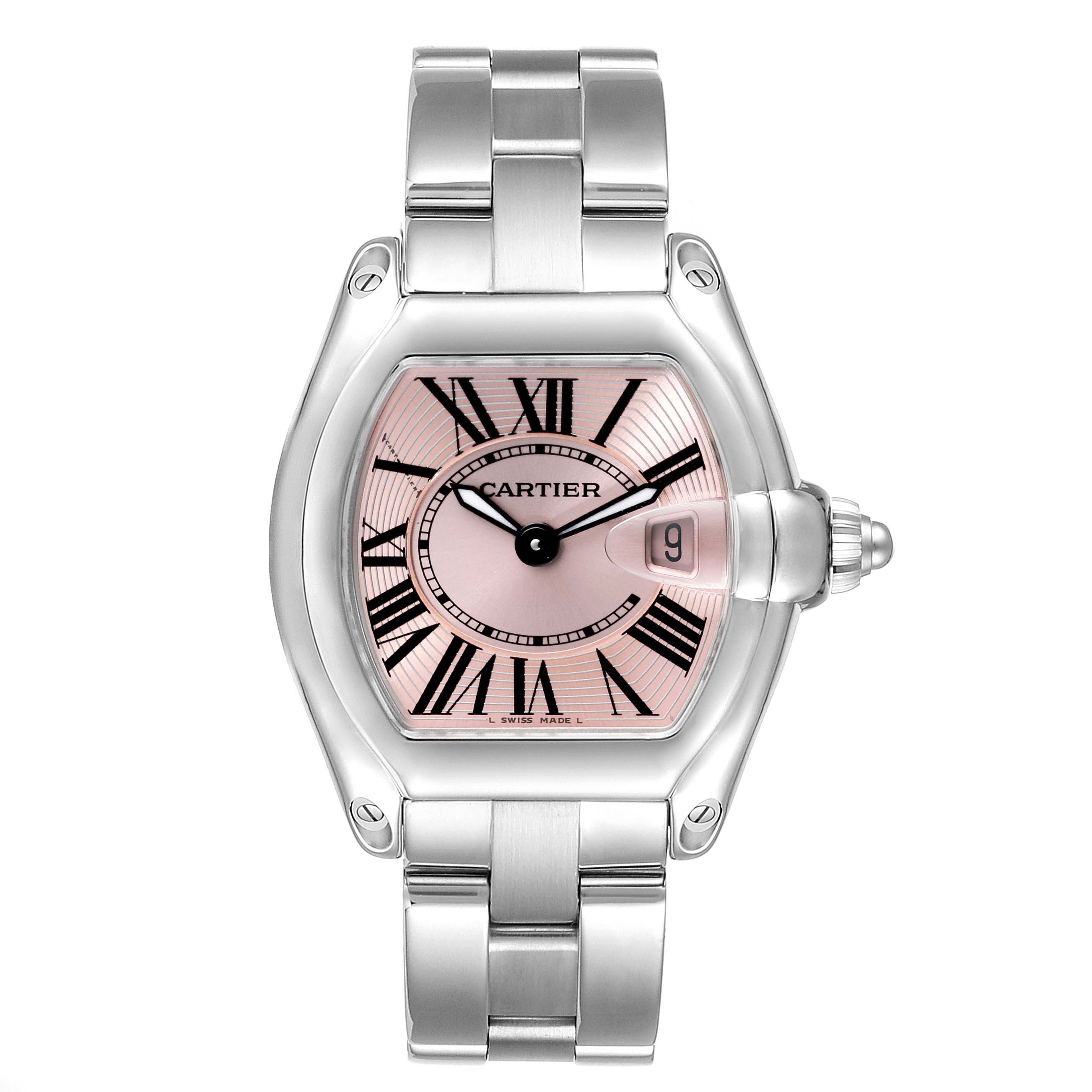 The image shows a Cartier Roadster W62017V3 Women's Stainless Steel Pink Dial W62017V3 Women's Stainless Steel Pink Dial watch from the front, displaying its face, bezel, and bracelet.