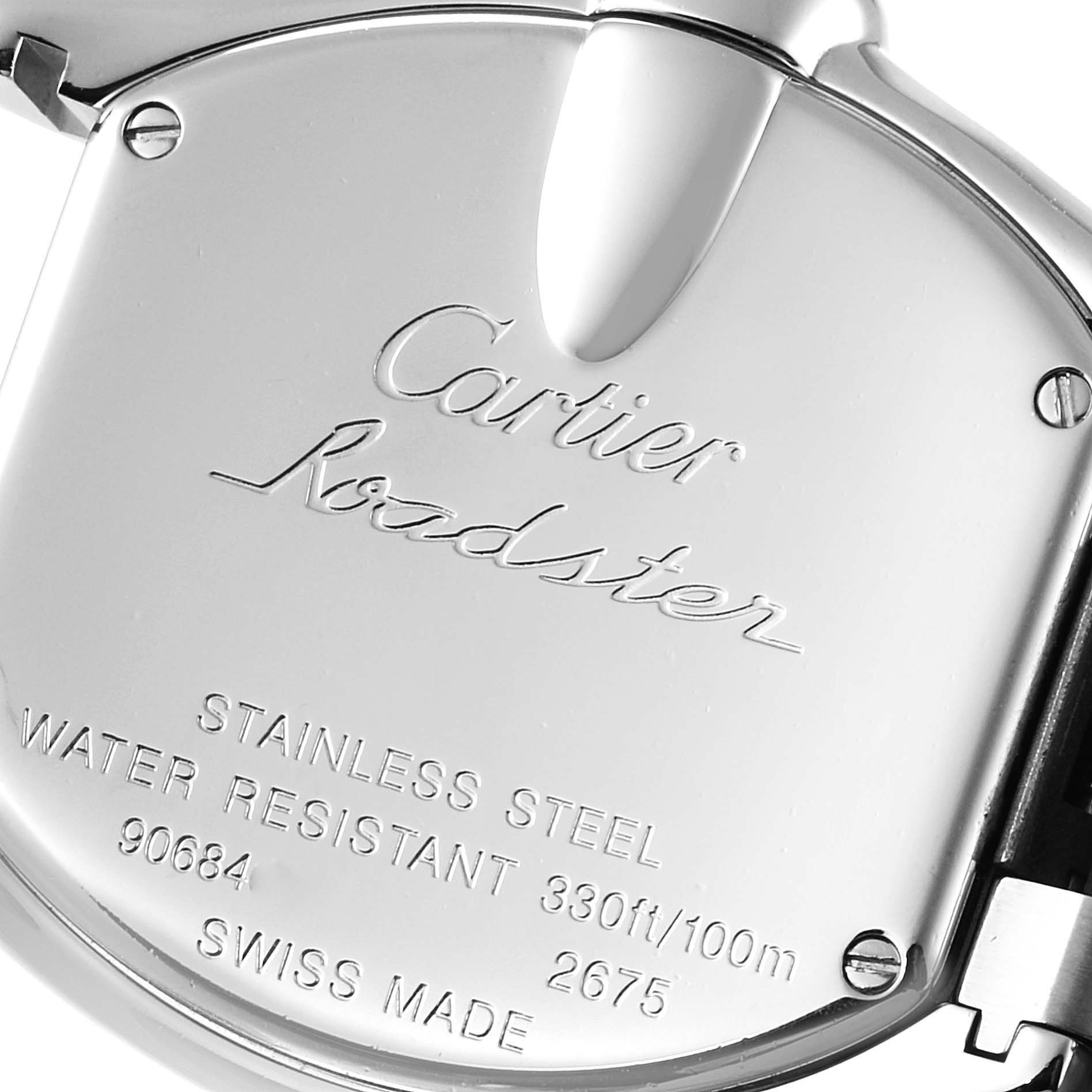 The image shows the back case of a Cartier Roadster W62017V3 Women's Stainless Steel Pink Dial W62017V3 Women's Stainless Steel Pink Dial watch, highlighting its engraving and specifications.