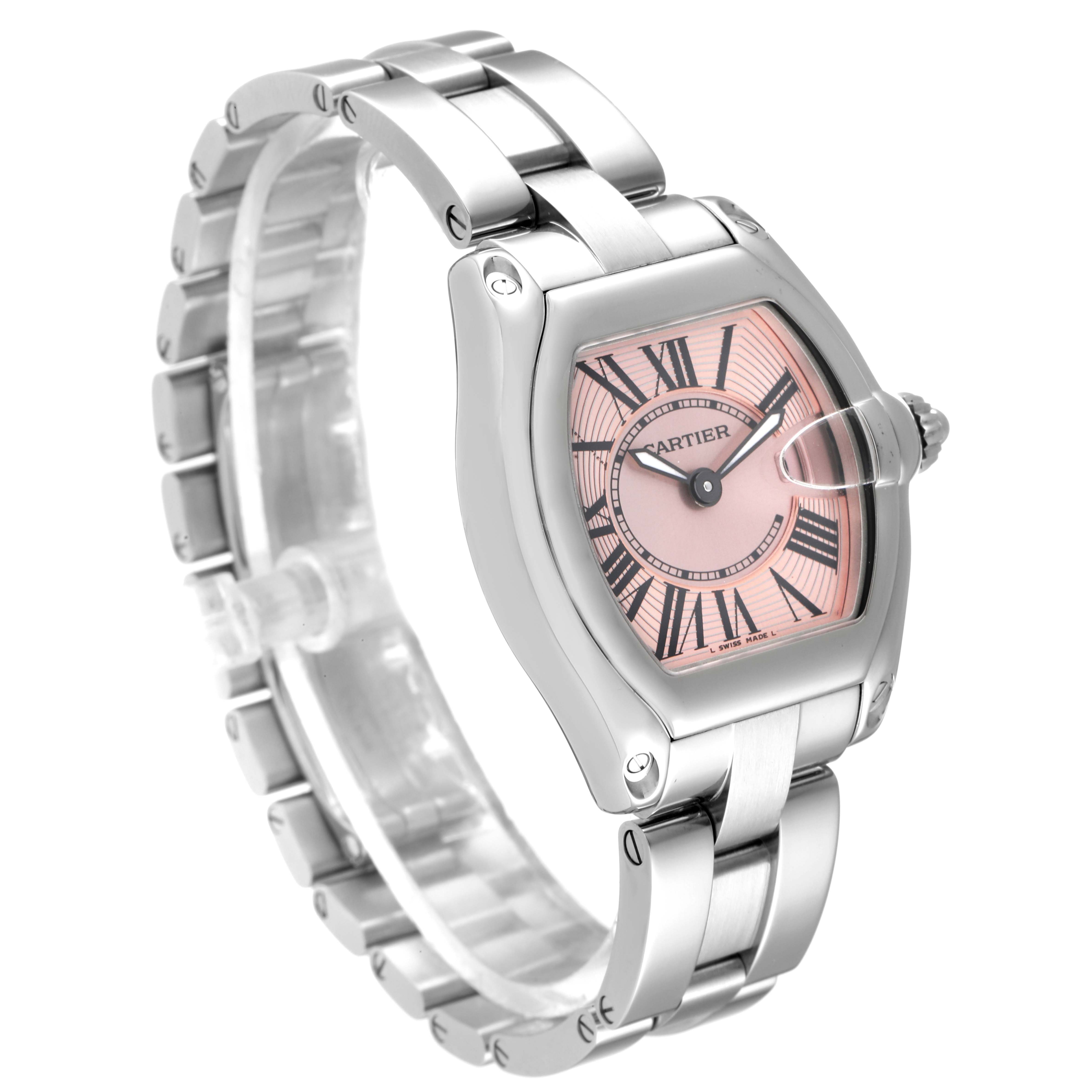 This image shows a Cartier Roadster W62017V3 Women's Stainless Steel Pink Dial W62017V3 Women's Stainless Steel Pink Dial watch at an angled view, highlighting its face, bracelet, and side crown.