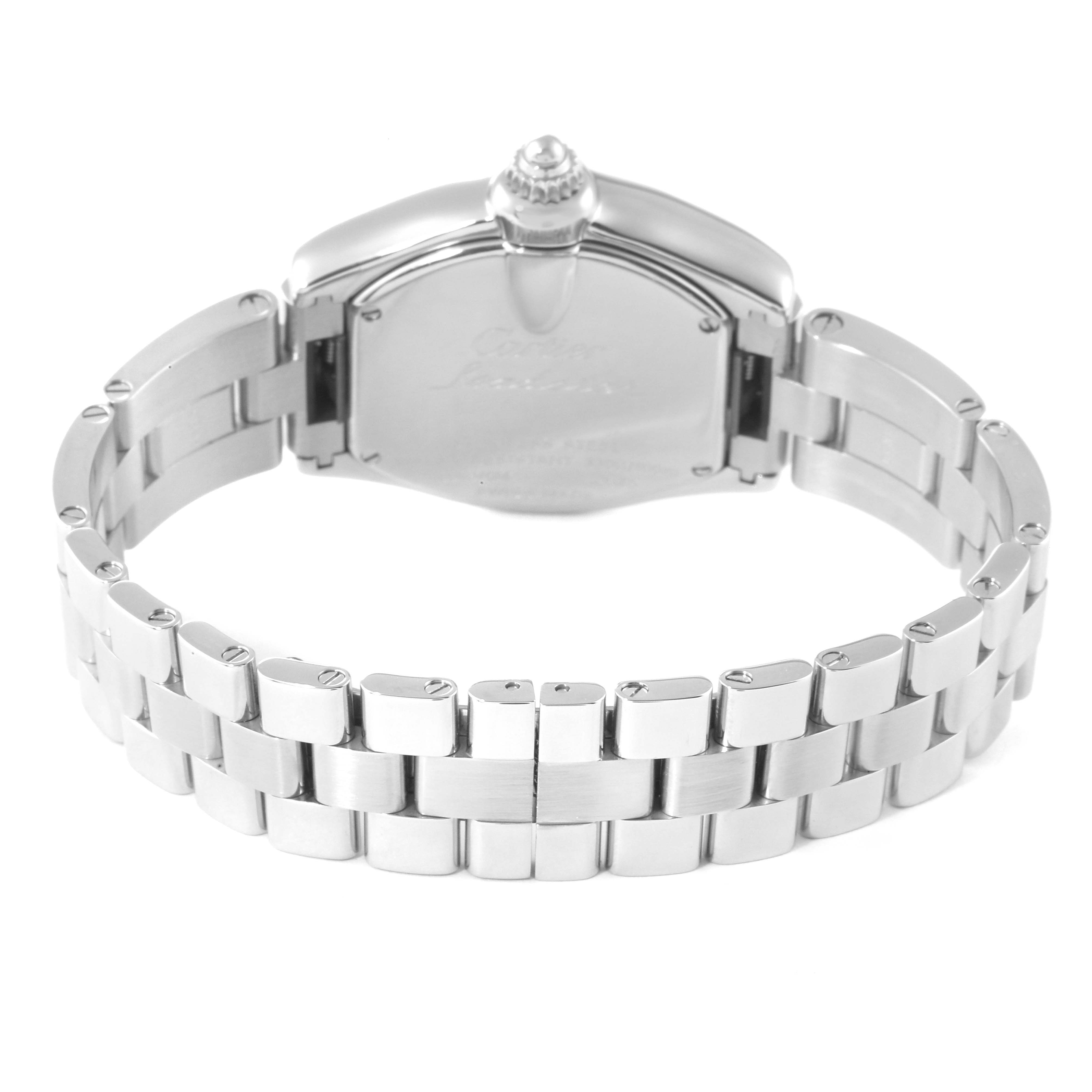 The image shows the back view of a Cartier Roadster W62017V3 Women's Stainless Steel Pink Dial W62017V3 Women's Stainless Steel Pink Dial watch, focusing on the stainless steel bracelet and the watch’s case back.