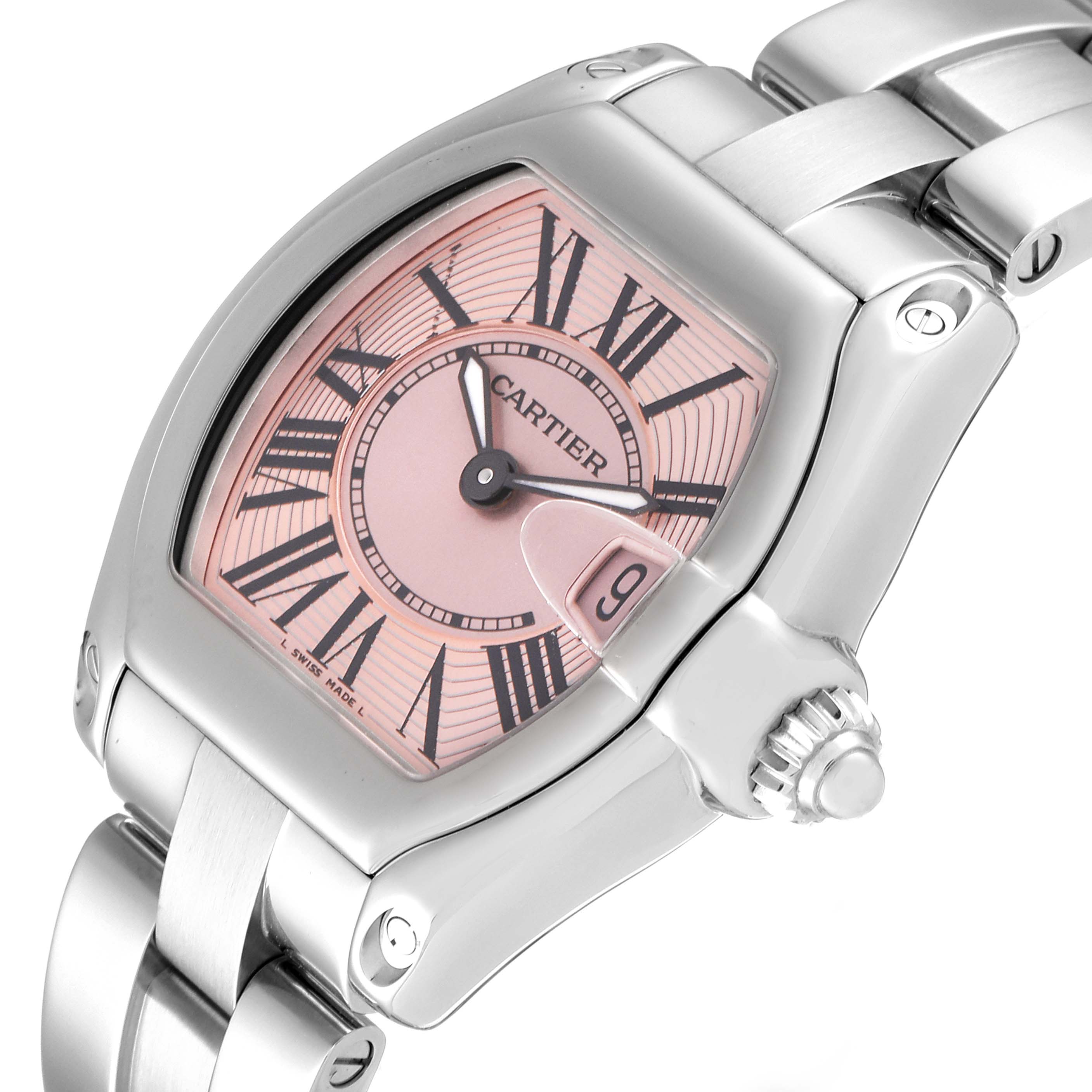 The image shows a close-up angle of the Cartier Roadster W62017V3 Women's Stainless Steel Pink Dial W62017V3 Women's Stainless Steel Pink Dial watch, highlighting its face, crown, and part of the bracelet.