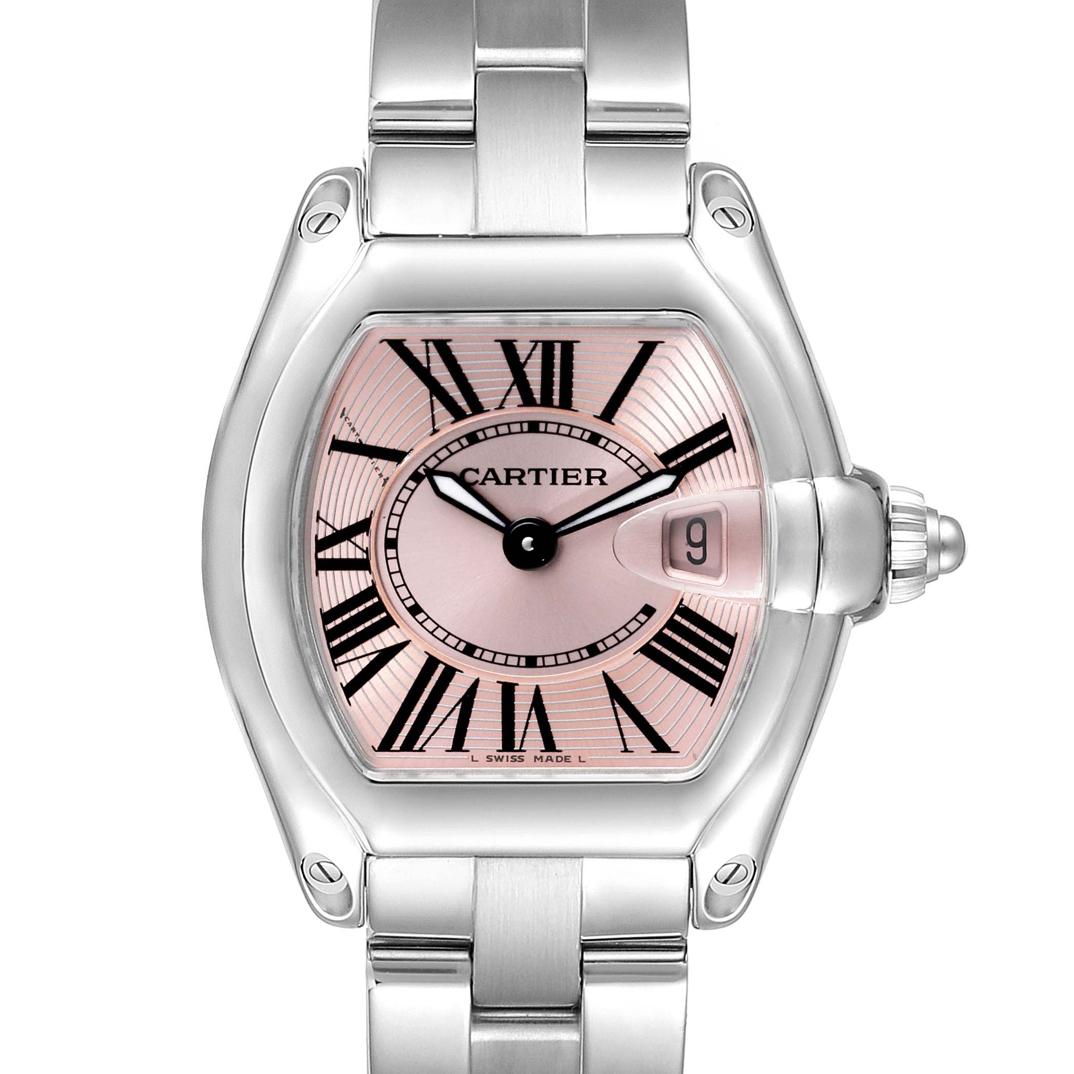 The image shows the front view of a Cartier Roadster W62017V3 Women's Stainless Steel Pink Dial W62017V3 Women's Stainless Steel Pink Dial watch, featuring its face, bracelet, and crown.