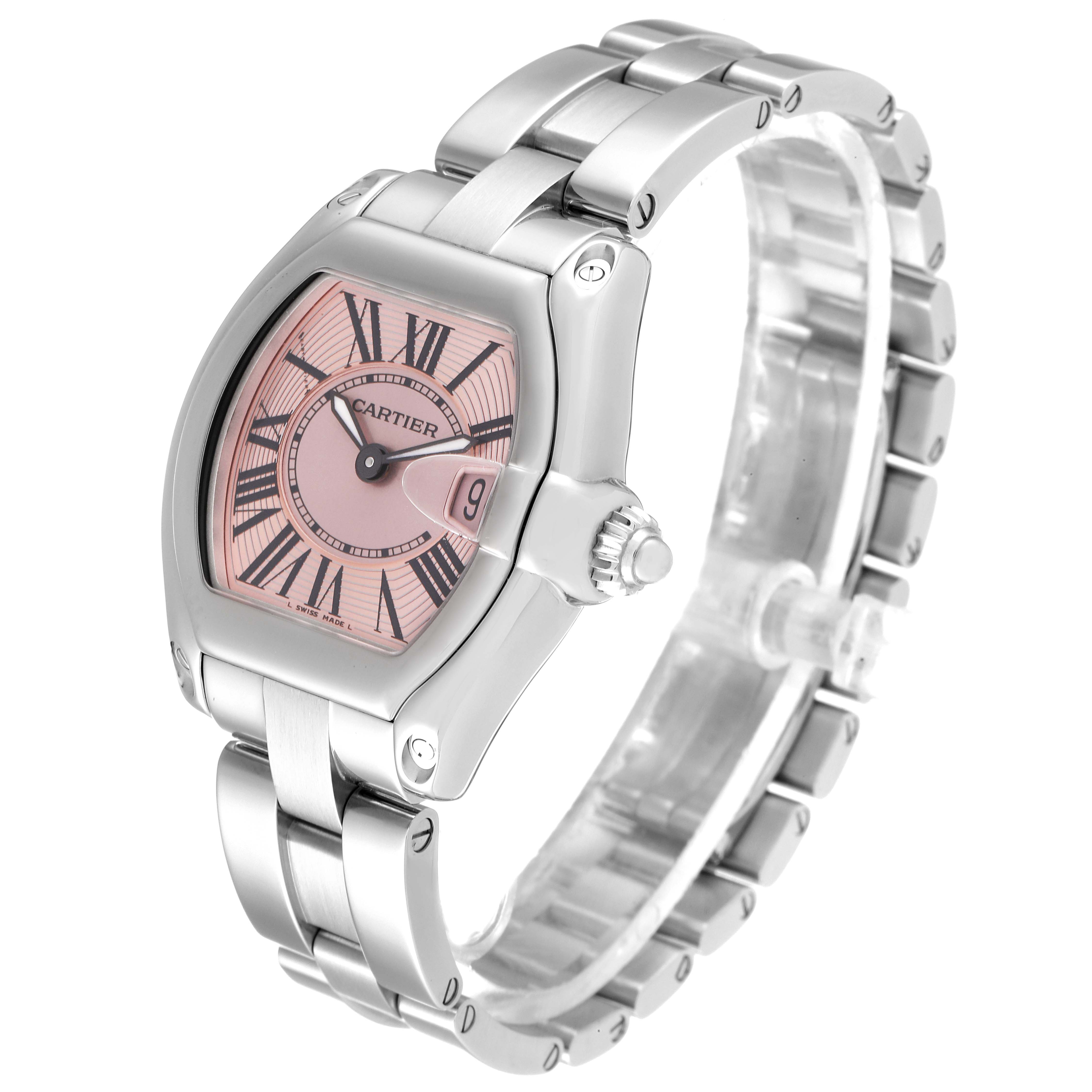 The Cartier Roadster W62017V3 Women's Stainless Steel Pink Dial W62017V3 Women's Stainless Steel Pink Dial model watch is shown at an angled view, displaying its pink dial, stainless steel bracelet, and crown.