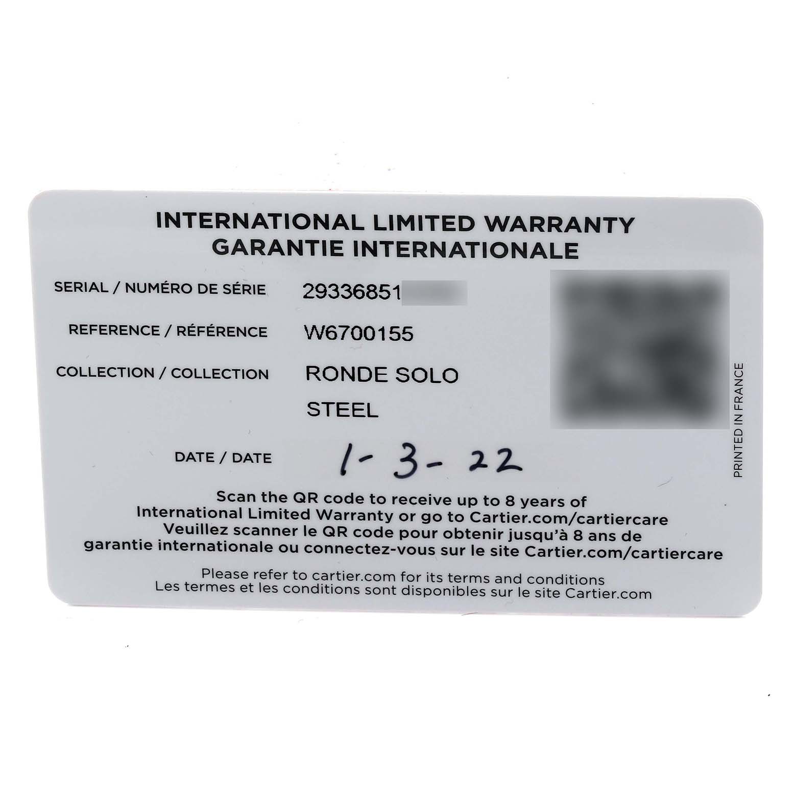 The image shows the warranty card for the Ronde Solo model by Cartier, displaying serial and reference numbers.