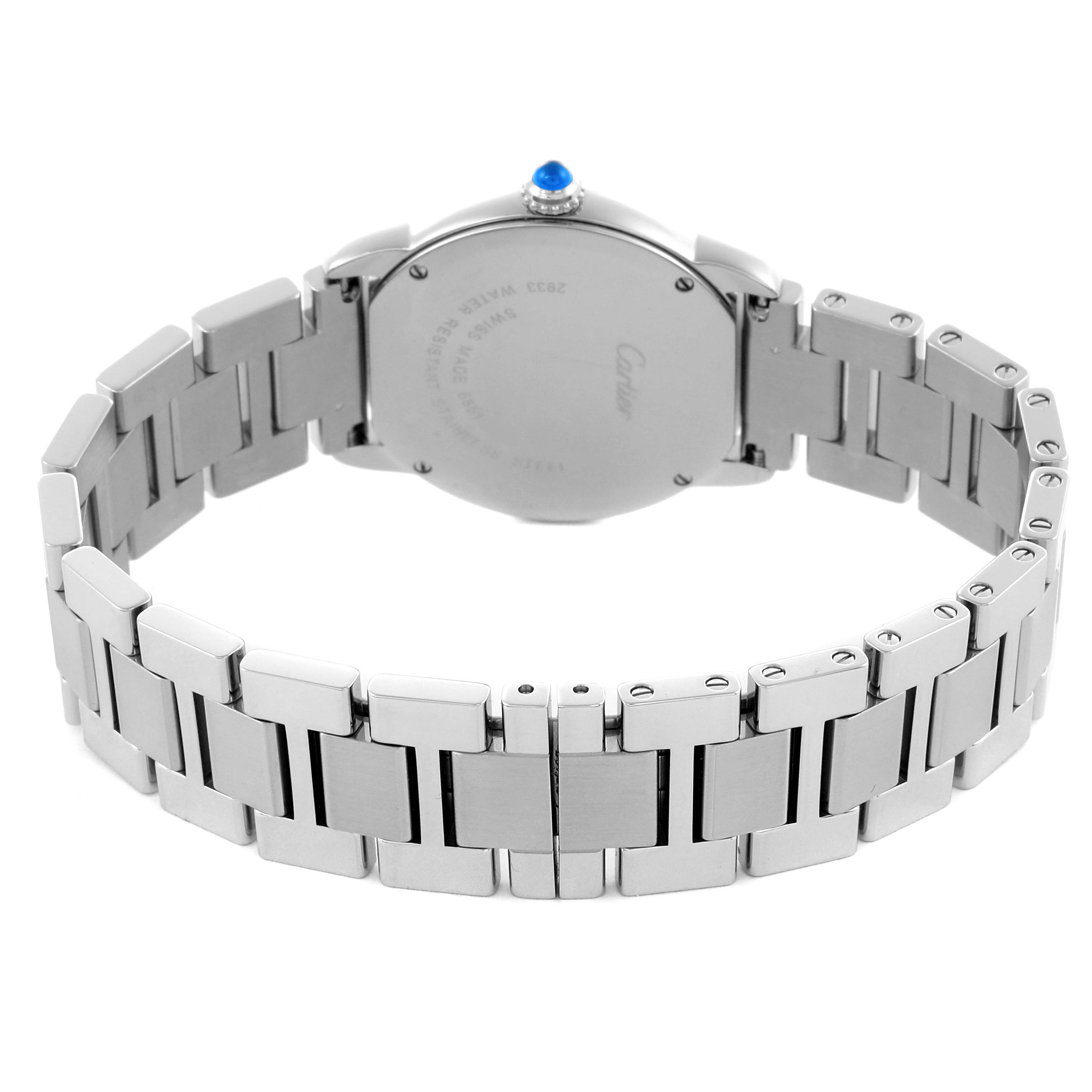 The image shows the back and bracelet of a Cartier Ronde W6700155 Women's Stainless Steel Silver Dial W6700155 Women's Stainless Steel Silver Dial watch, highlighting the case back and metal link bracelet.