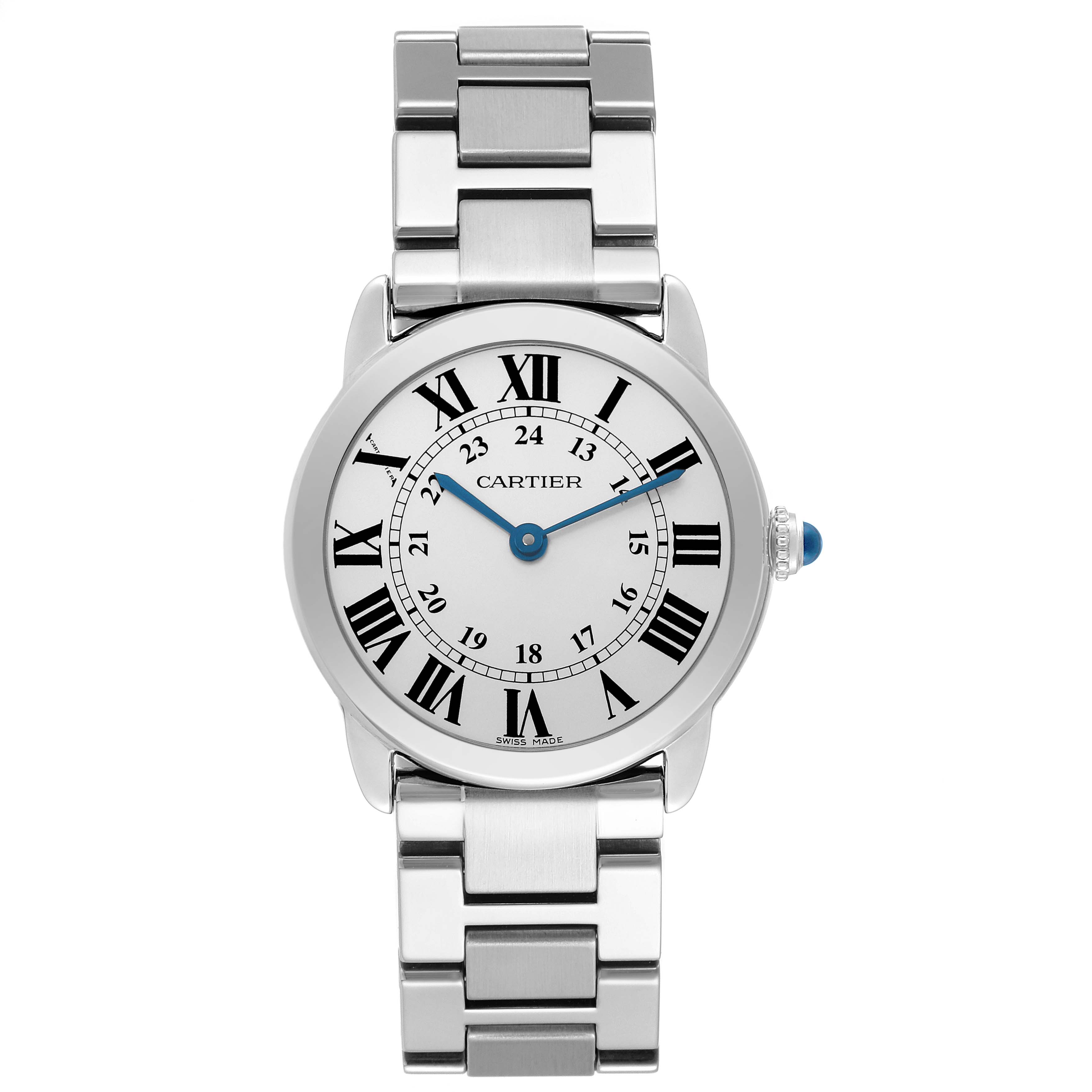 The image shows a Cartier Ronde W6700155 Women's Stainless Steel Silver Dial W6700155 Women's Stainless Steel Silver Dial watch from a front angle, highlighting its face, bracelet, and Roman numeral markers.
