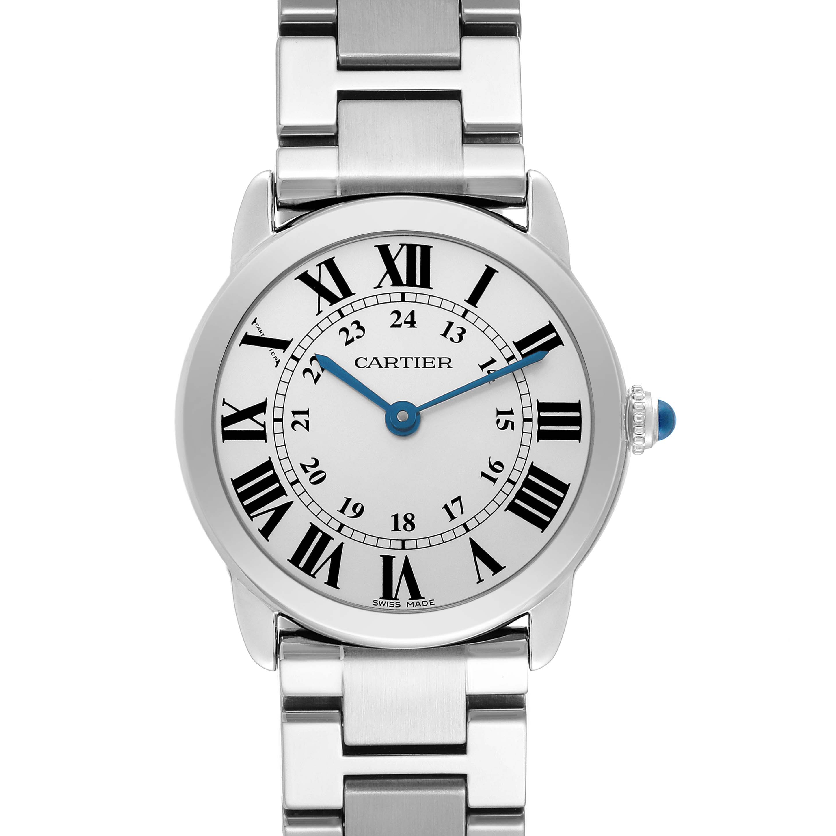 The Cartier Ronde W6700155 Women's Stainless Steel Silver Dial W6700155 Women's Stainless Steel Silver Dial watch is shown from a front angle, highlighting its dial, Roman numerals, and metal bracelet.