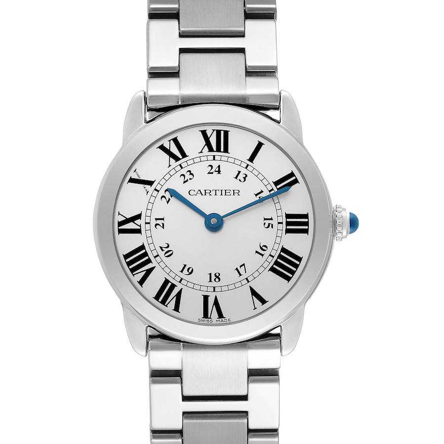 The Cartier Ronde watch is shown from a front angle, highlighting its dial, Roman numerals, and metal bracelet.