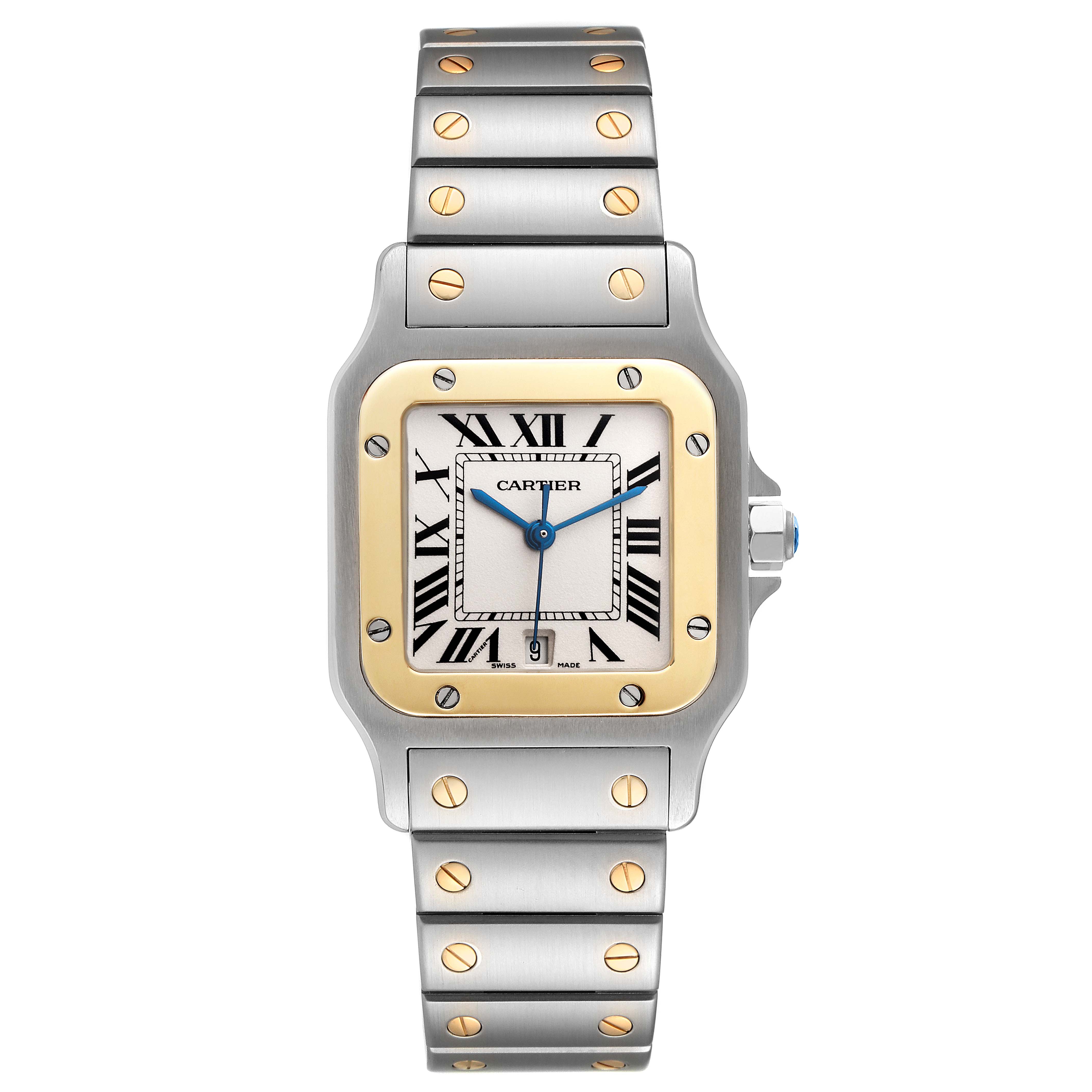 The image shows a front view of a Cartier Santos W20011C4 Men's Steel and Gold (two tone) Silver Dial W20011C4 Men's Steel and Gold (two tone) Silver Dial watch, highlighting its dial, bezel, and bracelet.
