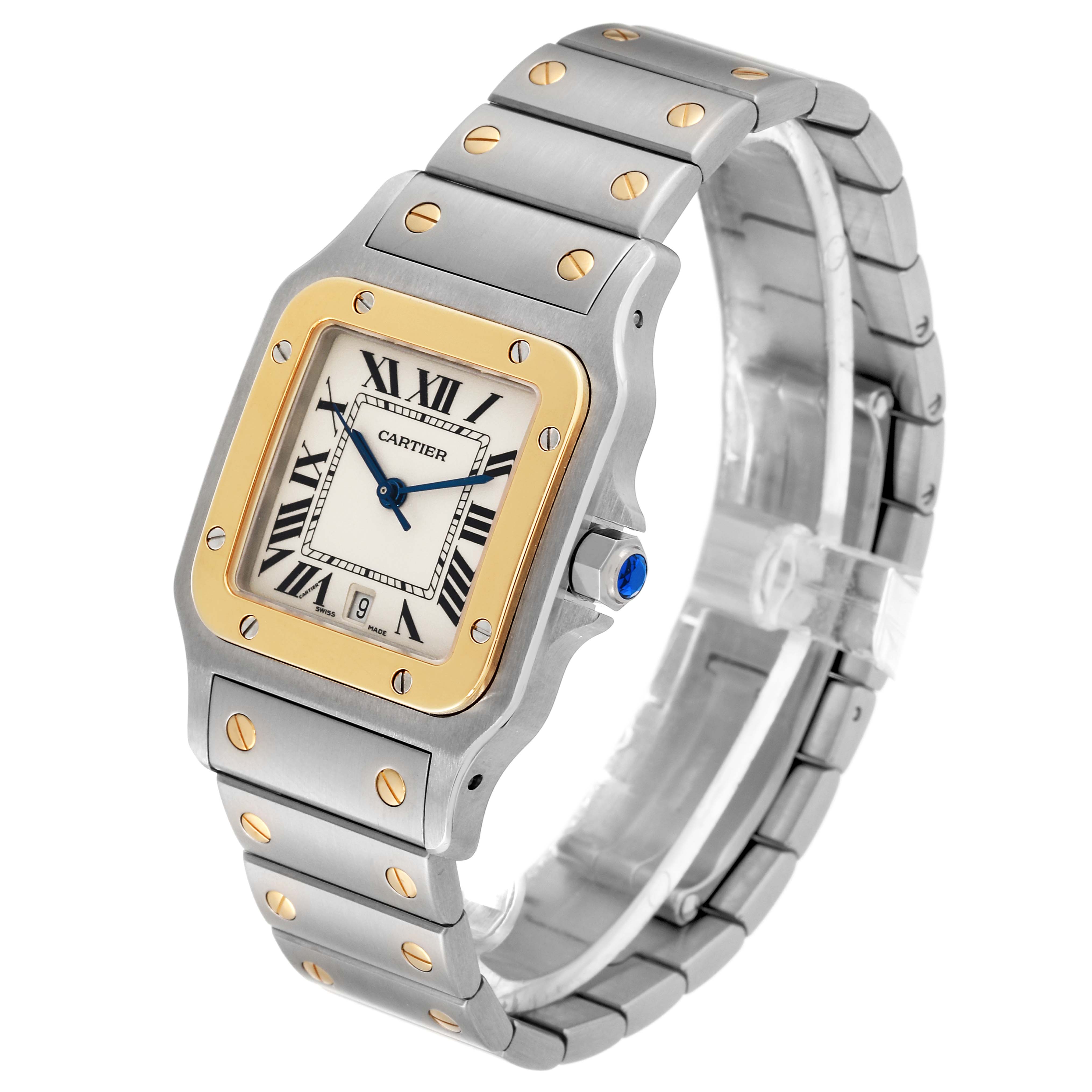 The Santos model by Cartier is shown at a slight angle, highlighting the face, bezel, and bracelet.