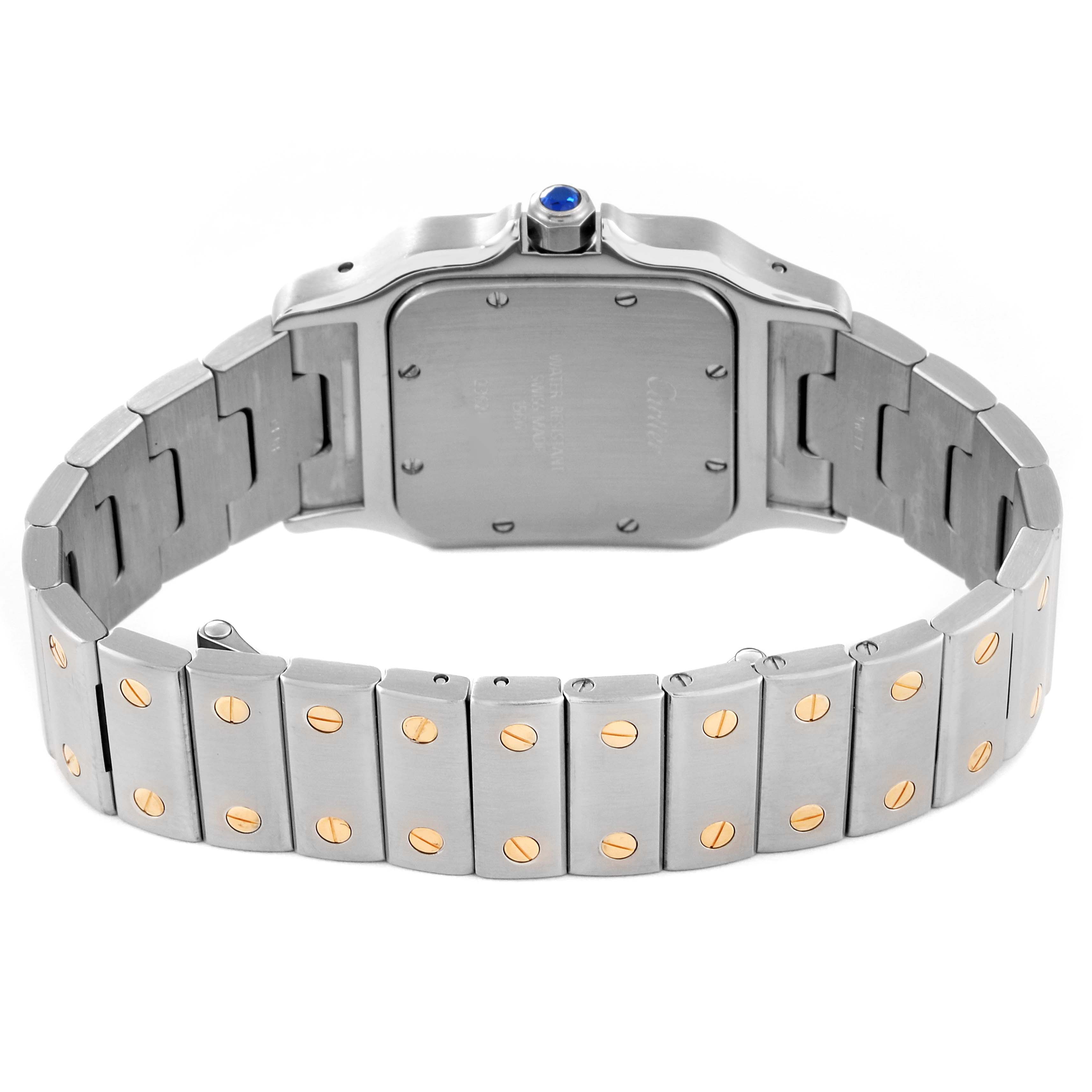 The image shows the back view of a Cartier Santos W20011C4 Men's Steel and Gold (two tone) Silver Dial W20011C4 Men's Steel and Gold (two tone) Silver Dial watch, highlighting the case back, bracelet, and crown.