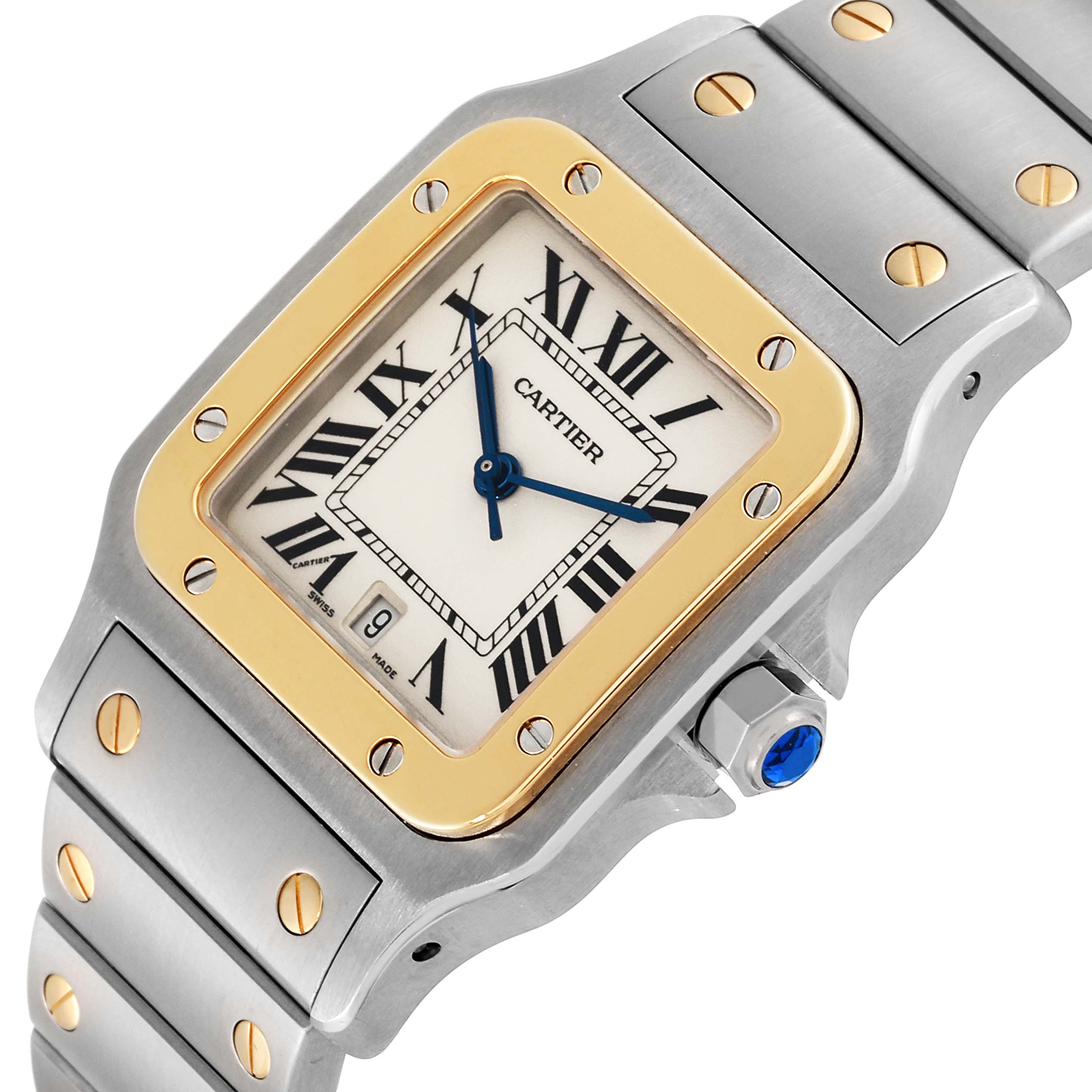 The image shows a close-up angled view of the Cartier Santos W20011C4 Men's Steel and Gold (two tone) Silver Dial W20011C4 Men's Steel and Gold (two tone) Silver Dial watch face, bezel, and part of the bracelet.