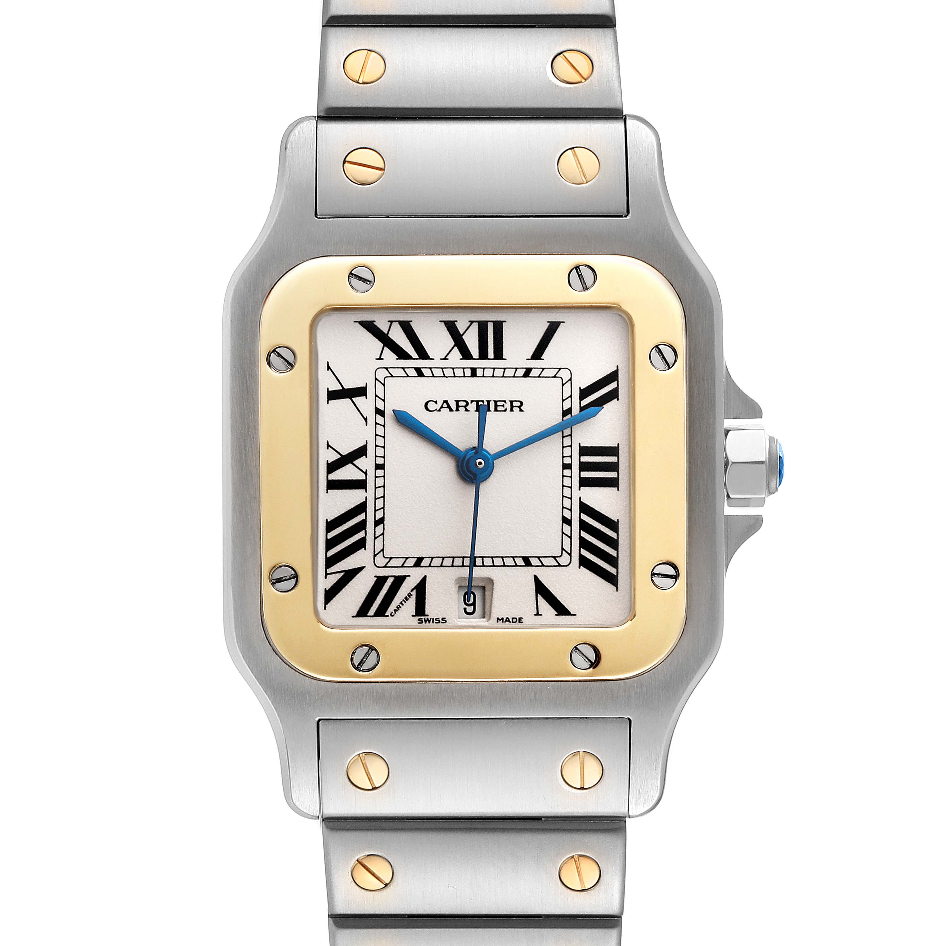 The image shows a front view of a Cartier Santos W20011C4 Men's Steel and Gold (two tone) Silver Dial W20011C4 Men's Steel and Gold (two tone) Silver Dial watch, featuring its face, bezel, and a portion of the bracelet.
