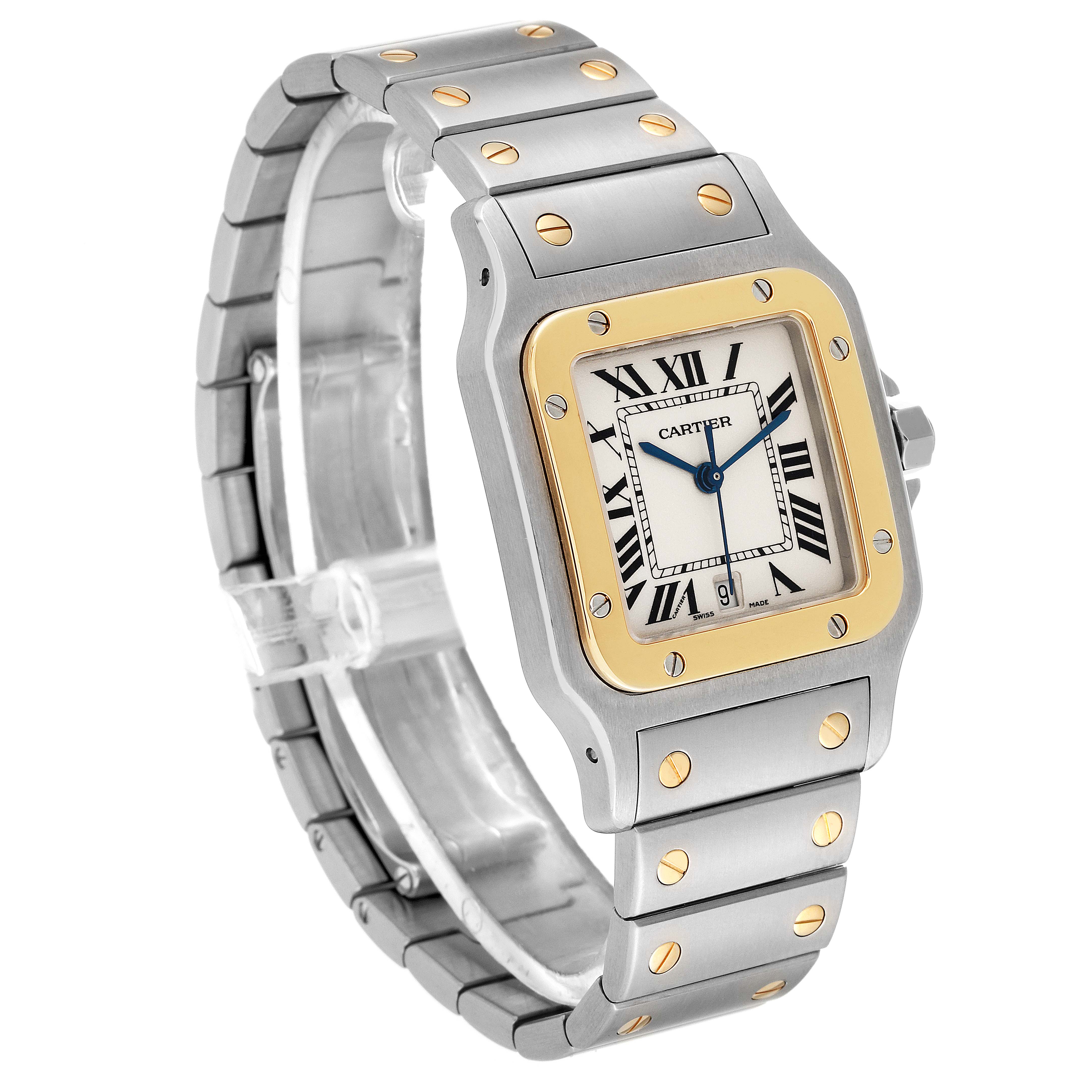 This Cartier Santos W20011C4 Men's Steel and Gold (two tone) Silver Dial W20011C4 Men's Steel and Gold (two tone) Silver Dial watch is shown at a three-quarter angle, highlighting its face, bezel, and bracelet.