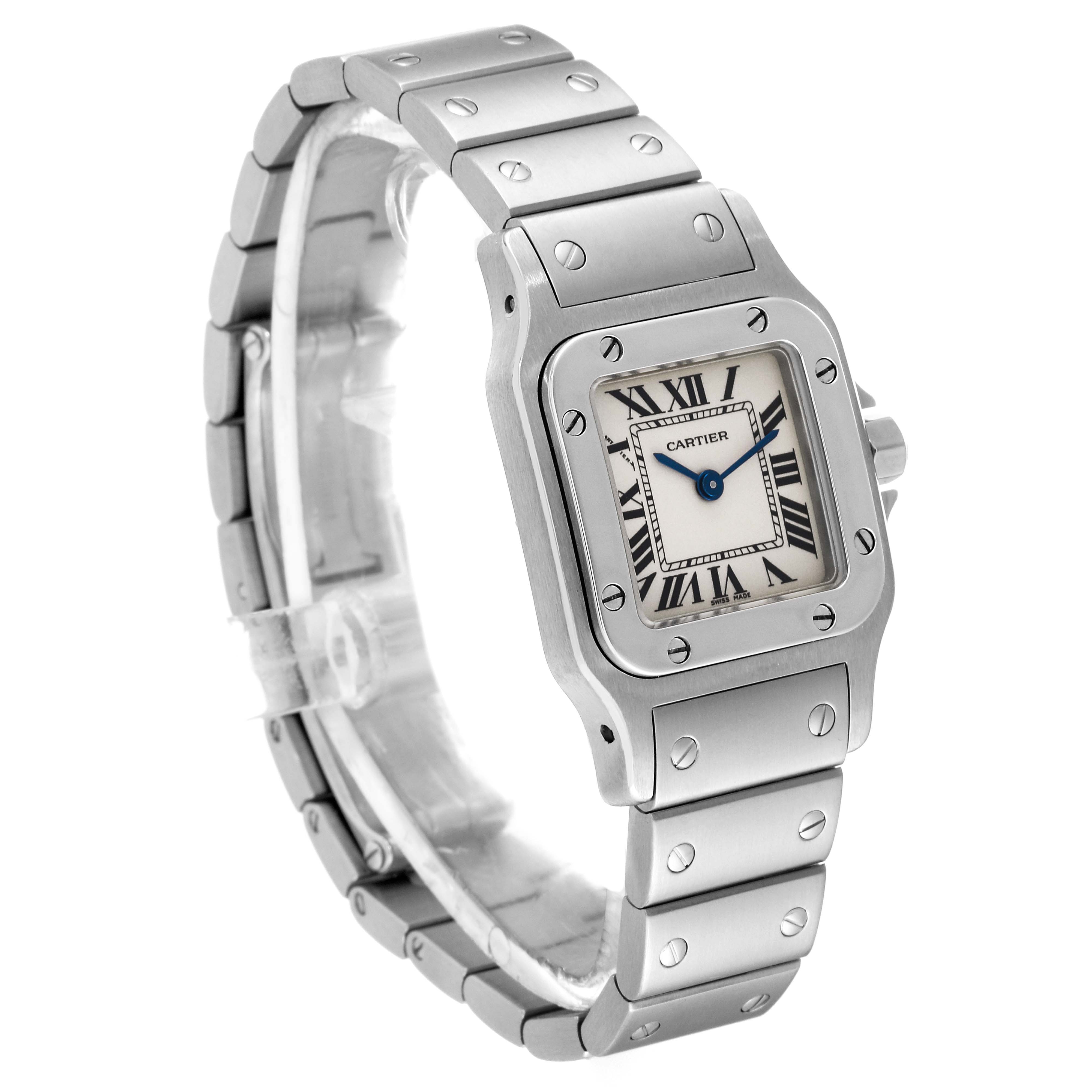 The image shows a Cartier Santos W20056D6 Women's Stainless Steel Silver Dial W20056D6 Women's Stainless Steel Silver Dial watch, highlighting the face, bezel, crown, and bracelet from a three-quarter frontal angle.