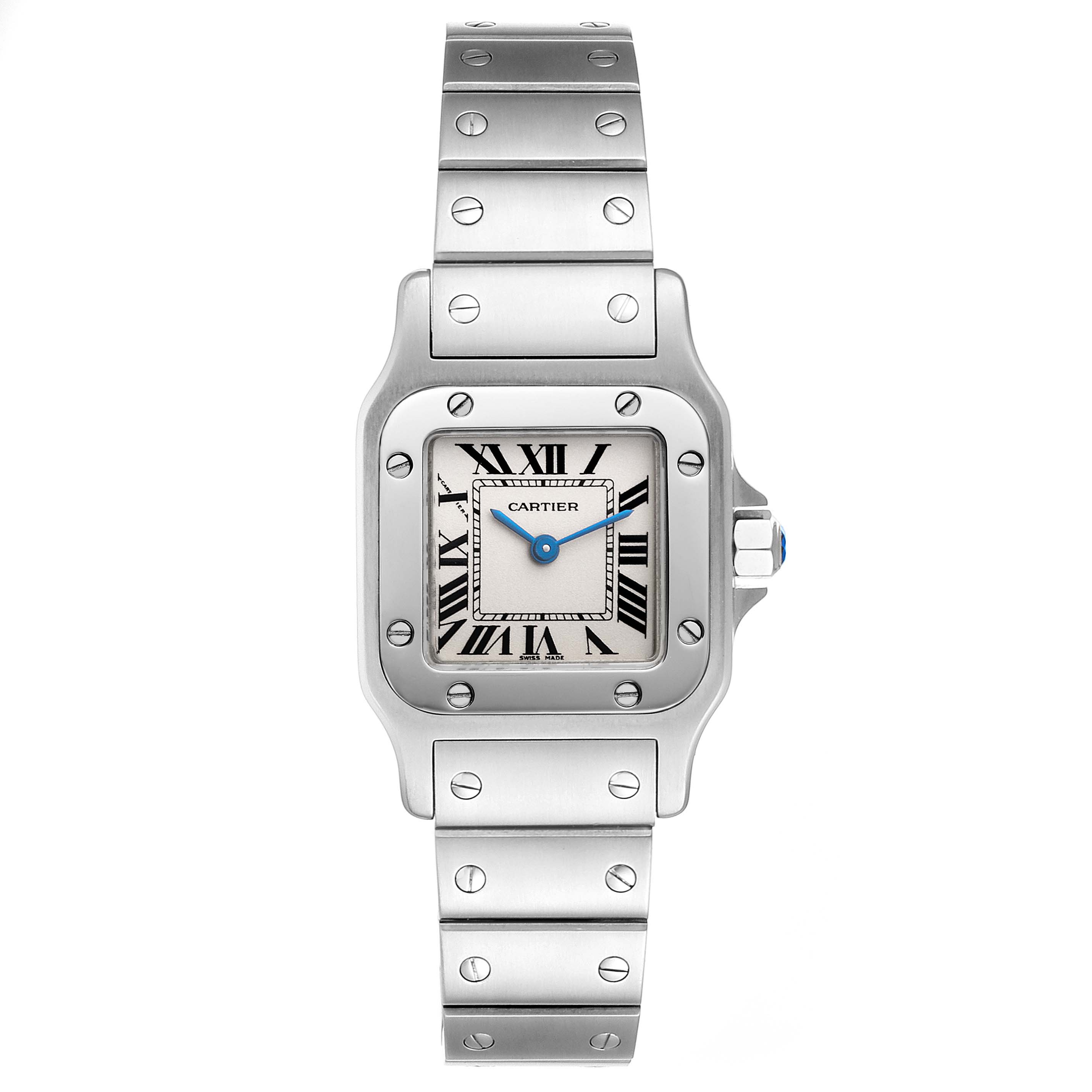 The image shows a front view of the Cartier Santos W20056D6 Women's Stainless Steel Silver Dial W20056D6 Women's Stainless Steel Silver Dial model watch, displaying the face, bezel, and bracelet with screws.