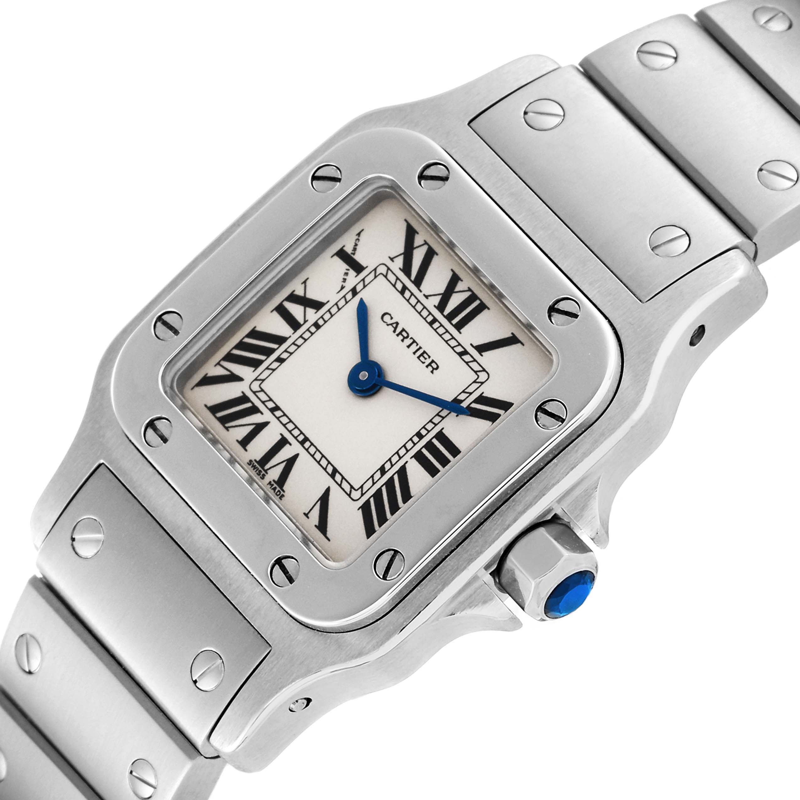 This image shows a Cartier Santos W20056D6 Women's Stainless Steel Silver Dial W20056D6 Women's Stainless Steel Silver Dial watch at a slight angle, highlighting its dial, bracelet, crown, and screws.