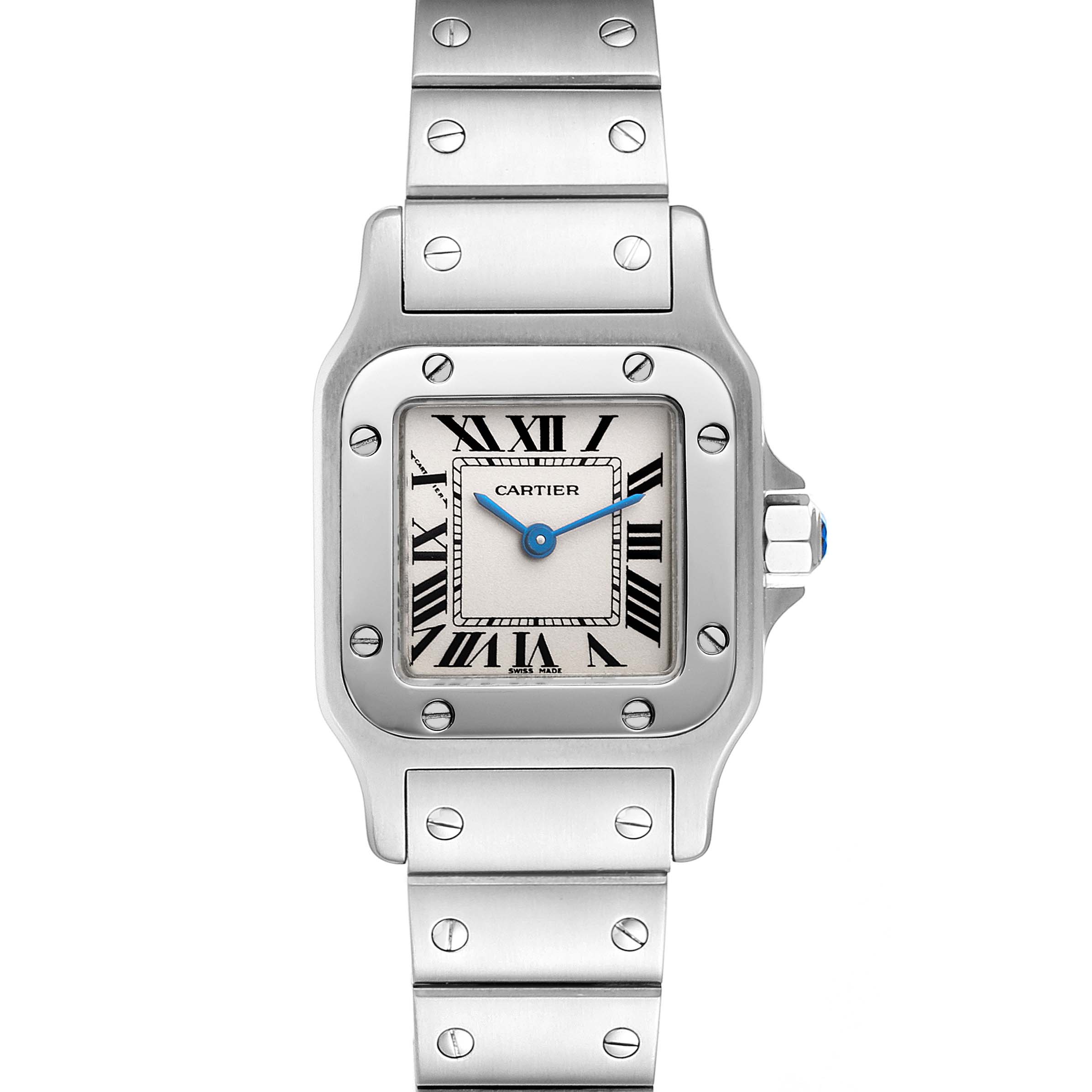 This image shows a frontal view of the Santos model watch by Cartier, highlighting the dial, bezel, and part of the metal bracelet.
