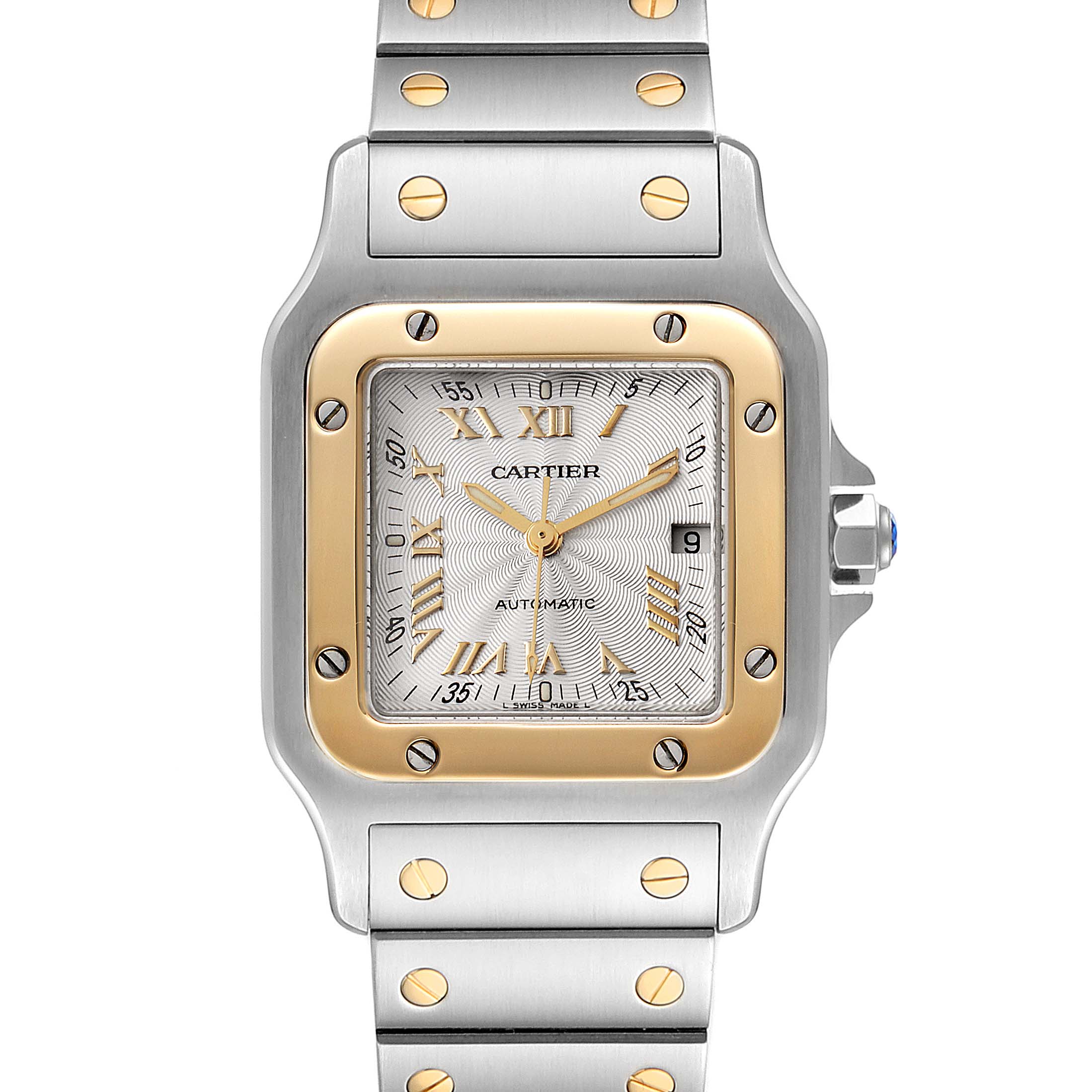 The image shows a front view of the Cartier Santos W20058C4 Men's Steel and Gold (two tone) Silver Dial W20058C4 Men's Steel and Gold (two tone) Silver Dial watch, highlighting the dial, bezel, and bracelet.