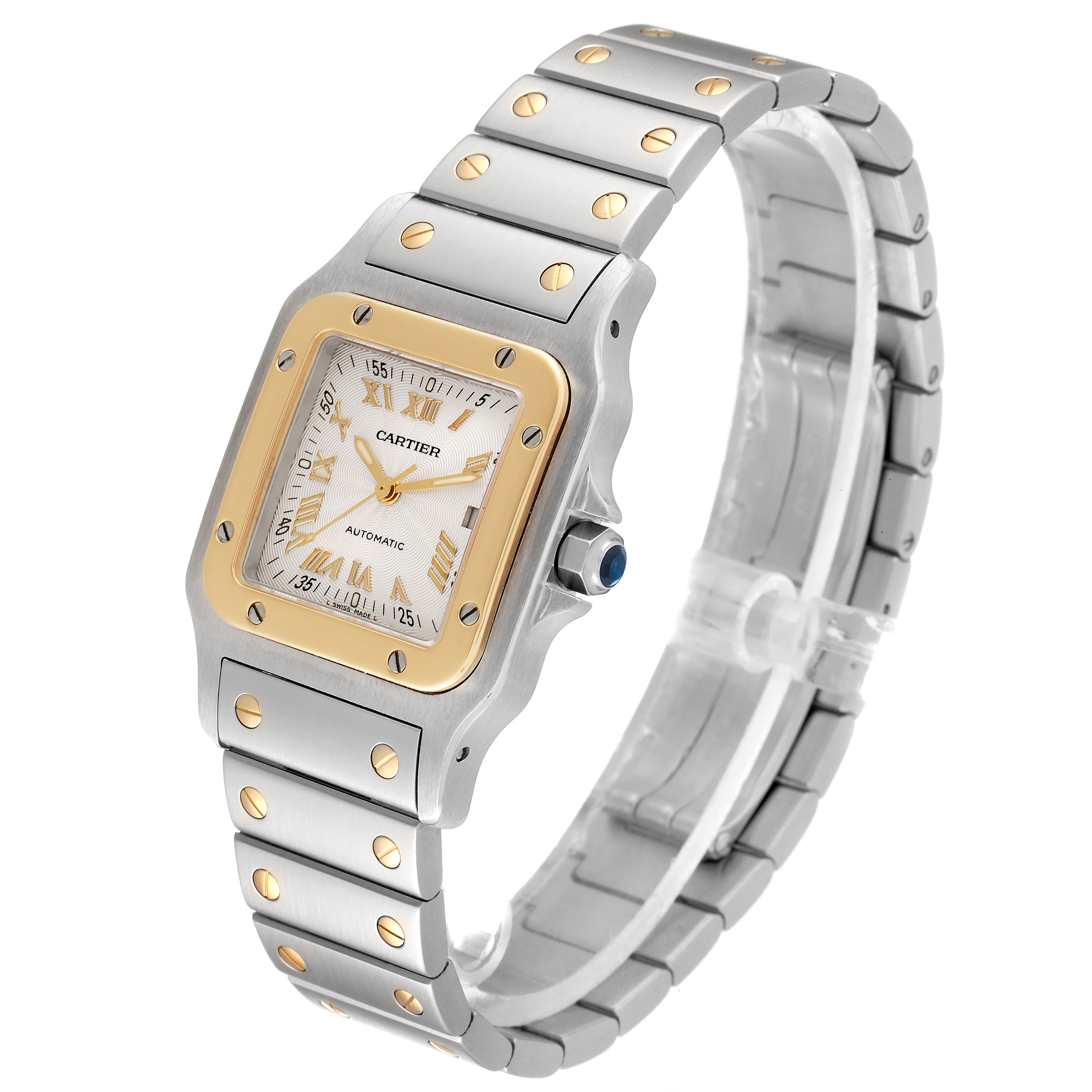 The image shows a Santos model by Cartier at a three-quarter angle, displaying the face and part of the bracelet.