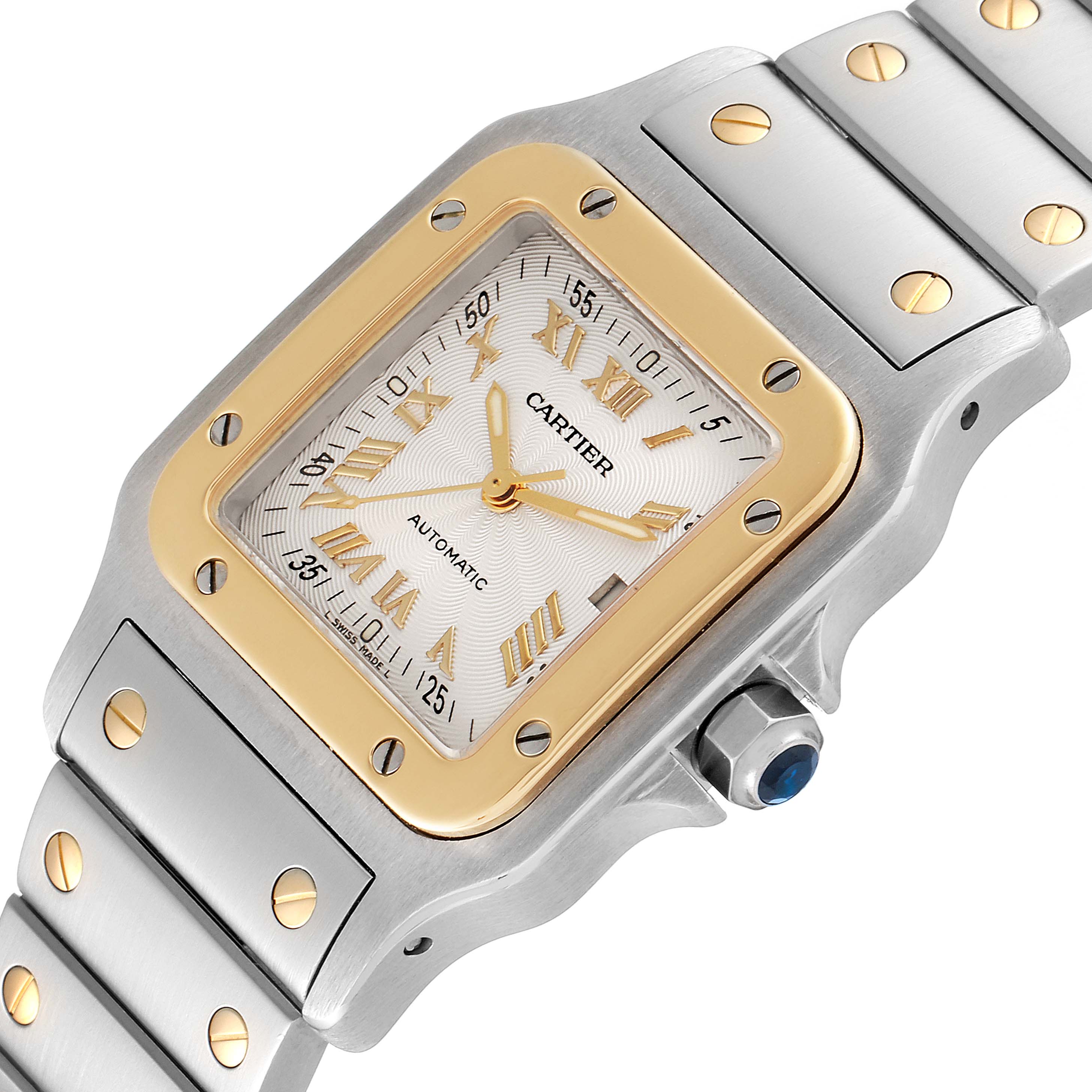 The image shows a close-up angled view of a Cartier Santos W20058C4 Men's Steel and Gold (two tone) Silver Dial W20058C4 Men's Steel and Gold (two tone) Silver Dial watch, highlighting the gold bezel, dial, and part of the bracelet with screw details.