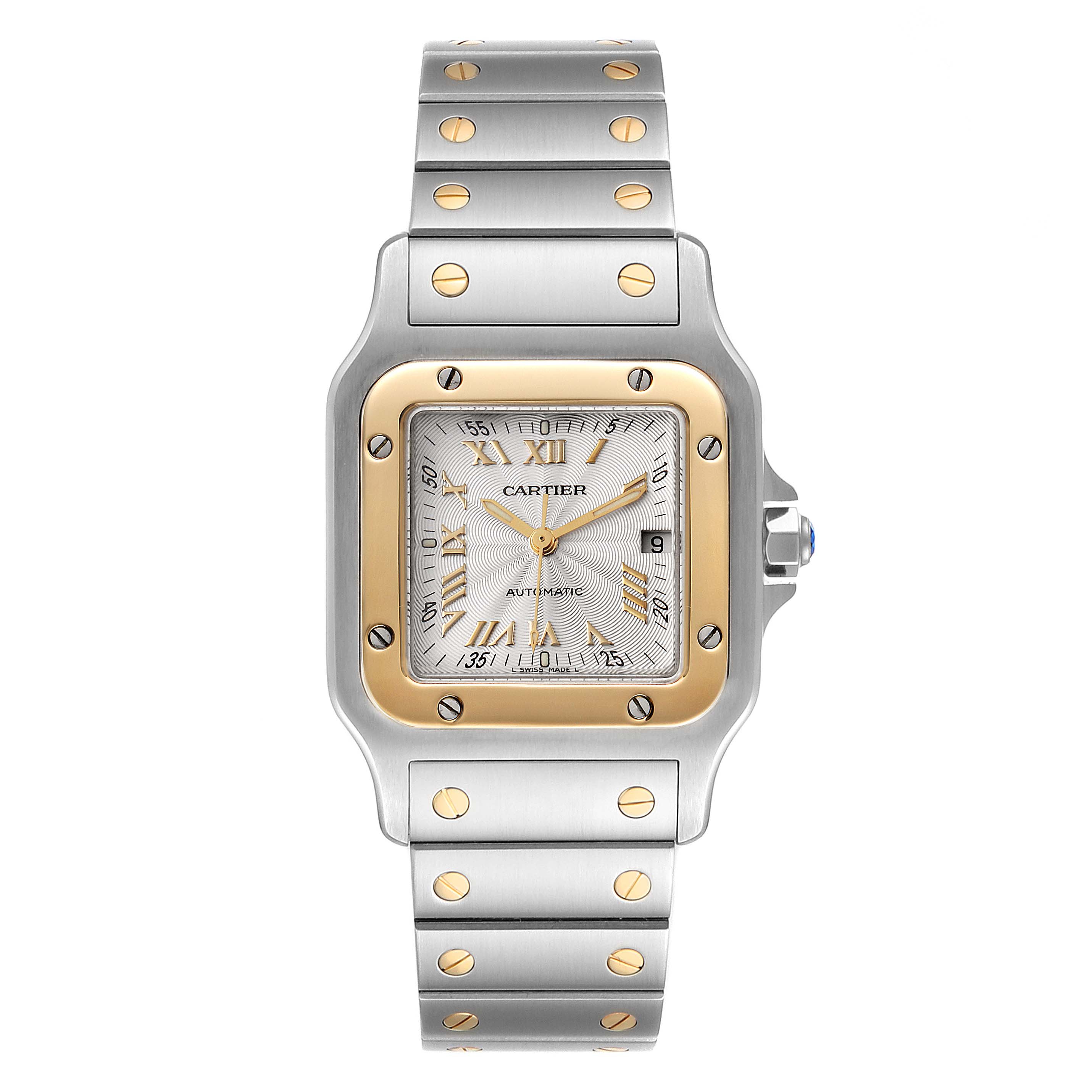 The image shows a frontal view of the Cartier Santos W20058C4 Men's Steel and Gold (two tone) Silver Dial W20058C4 Men's Steel and Gold (two tone) Silver Dial watch, highlighting its face, bezel, case, and bracelet.