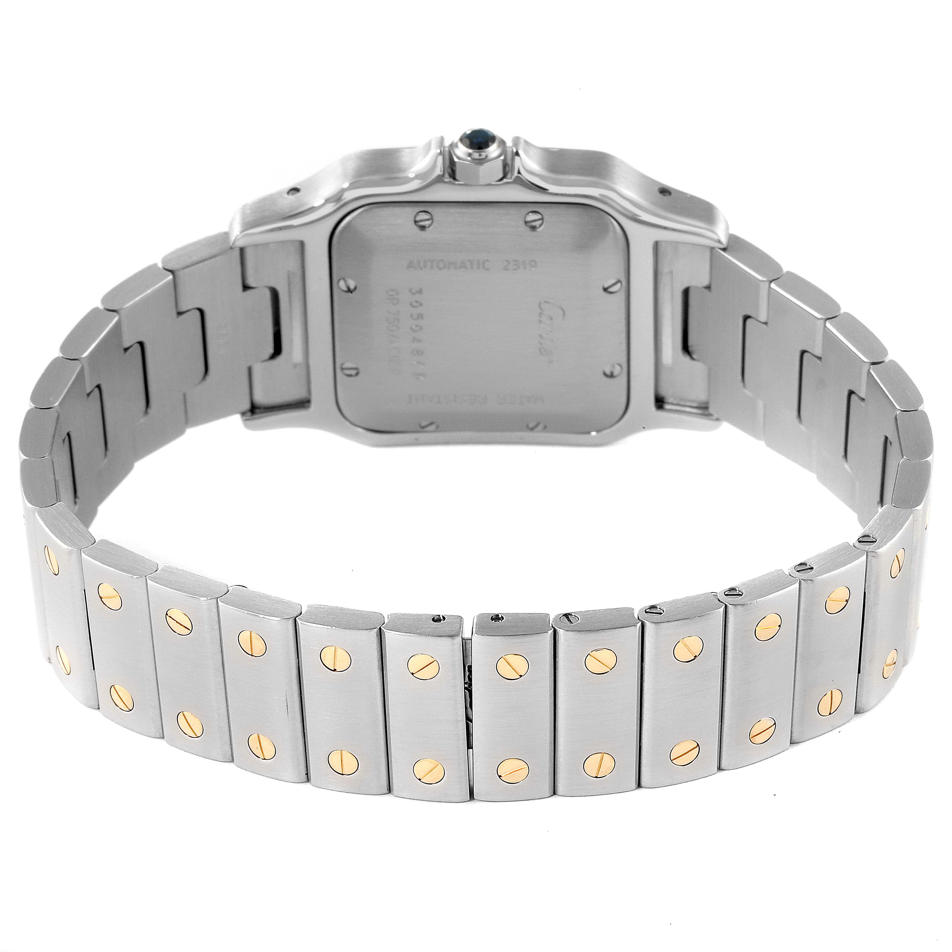 This image shows the back and bracelet of a Cartier Santos W20058C4 Men's Steel and Gold (two tone) Silver Dial W20058C4 Men's Steel and Gold (two tone) Silver Dial watch, highlighting its stainless steel and gold screw accents.
