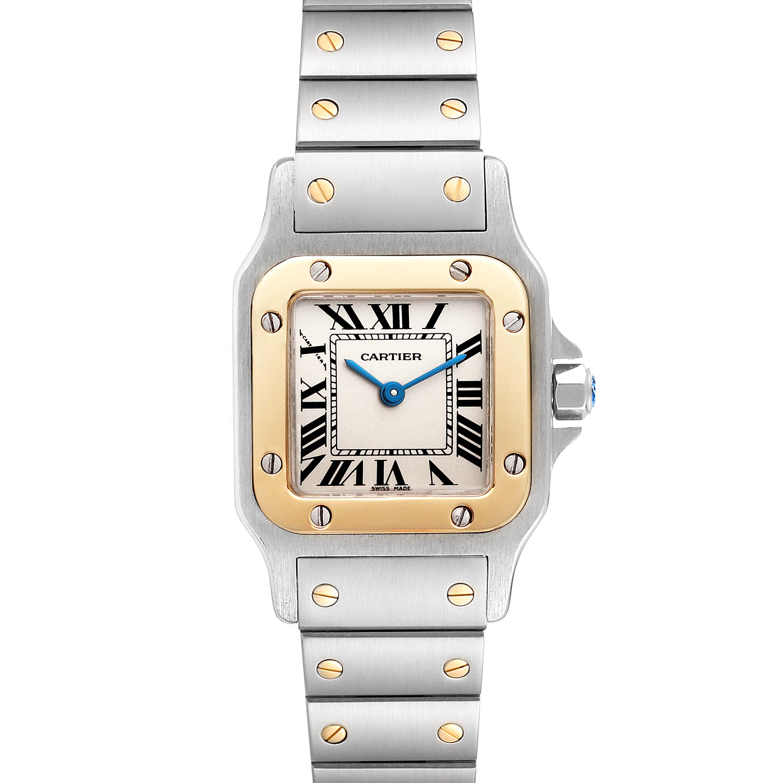 The image shows a front view of a Cartier Santos W20012C4 Women's Steel and Gold (two tone) Silver Dial W20012C4 Women's Steel and Gold (two tone) Silver Dial watch, highlighting its face, bezel, and bracelet.
