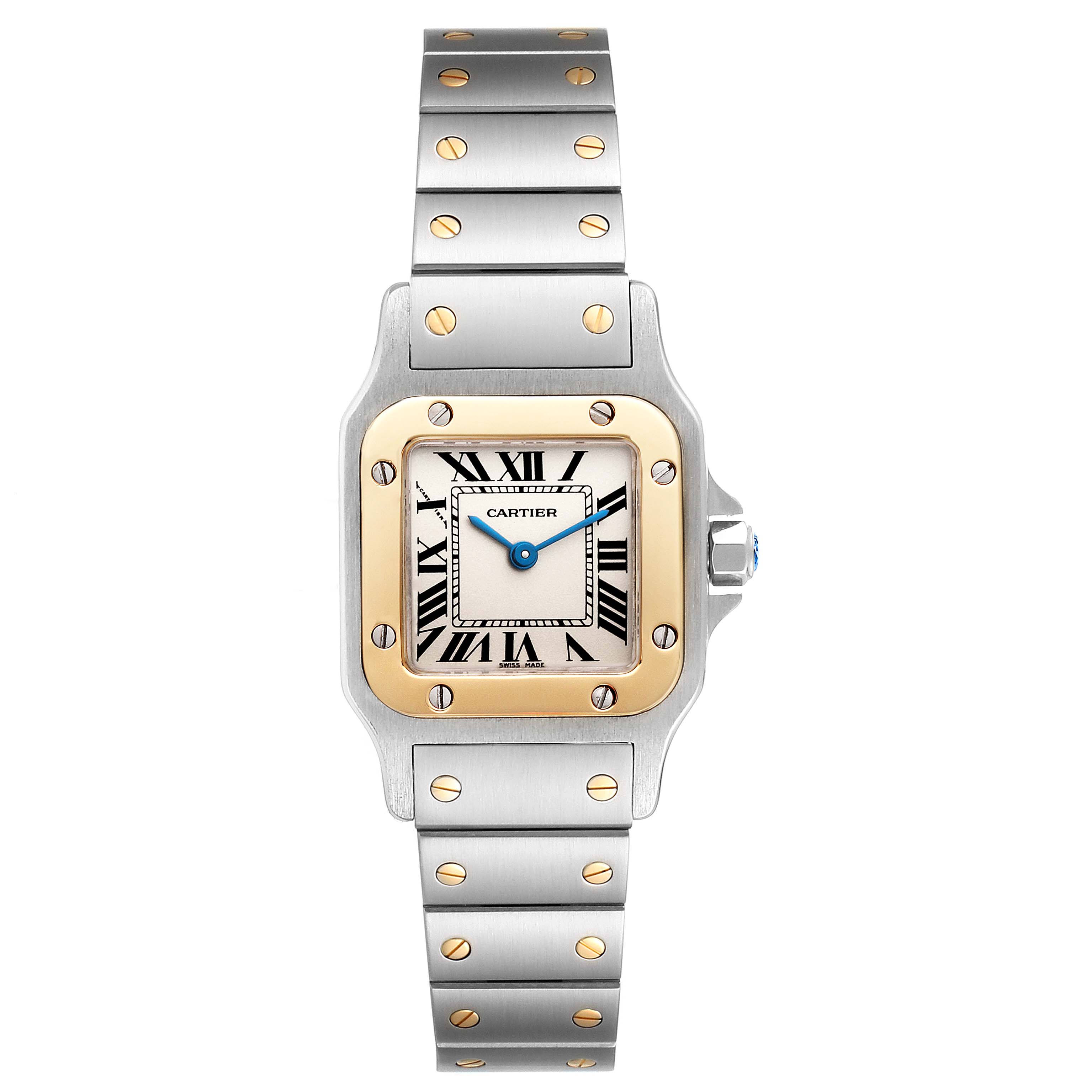 This image shows a front view of a Cartier Santos W20012C4 Women's Steel and Gold (two tone) Silver Dial W20012C4 Women's Steel and Gold (two tone) Silver Dial watch, highlighting its dial, bezel, crown, and band.