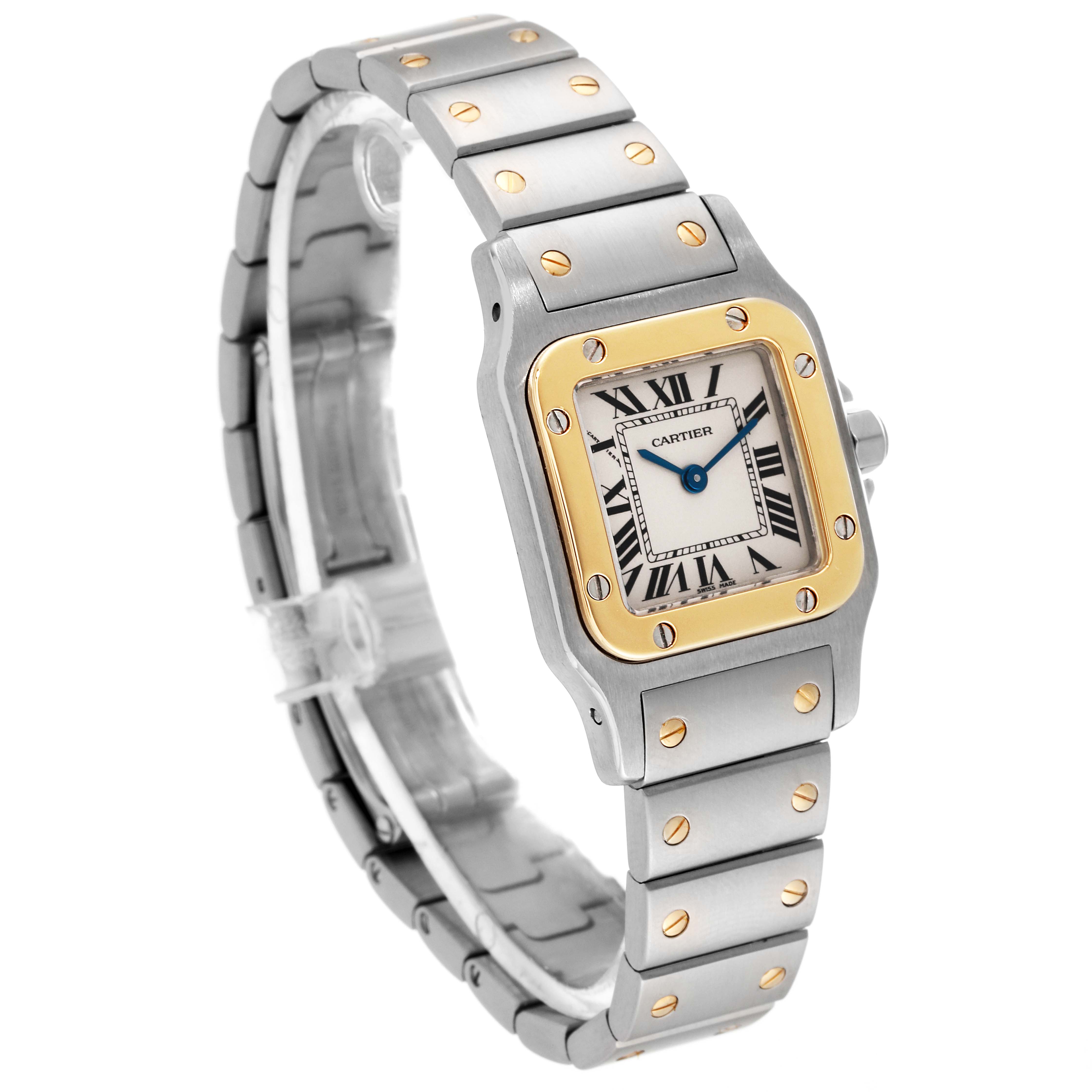 This image shows a Cartier Santos W20012C4 Women's Steel and Gold (two tone) Silver Dial W20012C4 Women's Steel and Gold (two tone) Silver Dial watch from an angled view, highlighting its square face, metal bracelet, and gold screws.