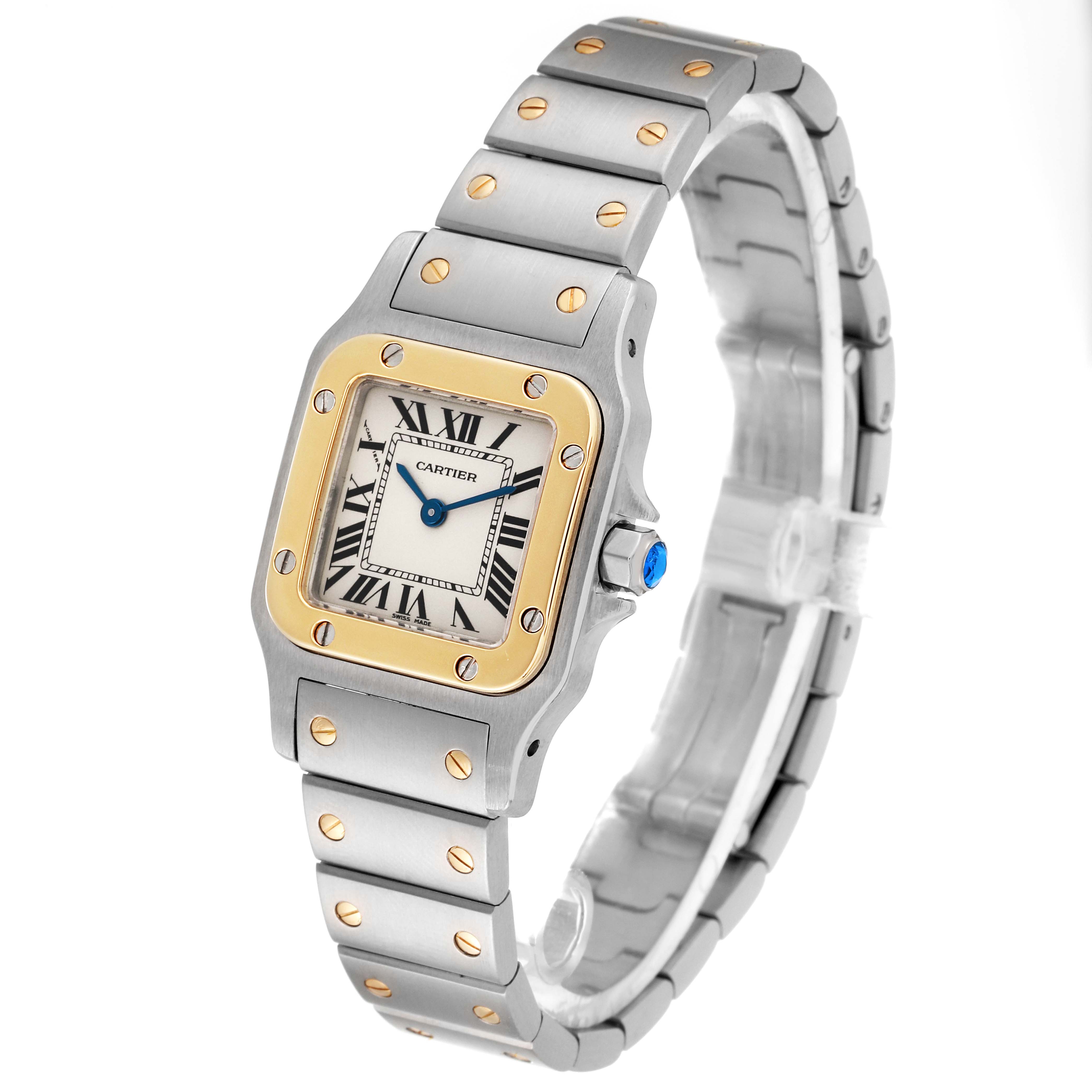 This image shows a Santos model watch by Cartier at a slight angle, highlighting the face, bezel, crown, and bracelet.