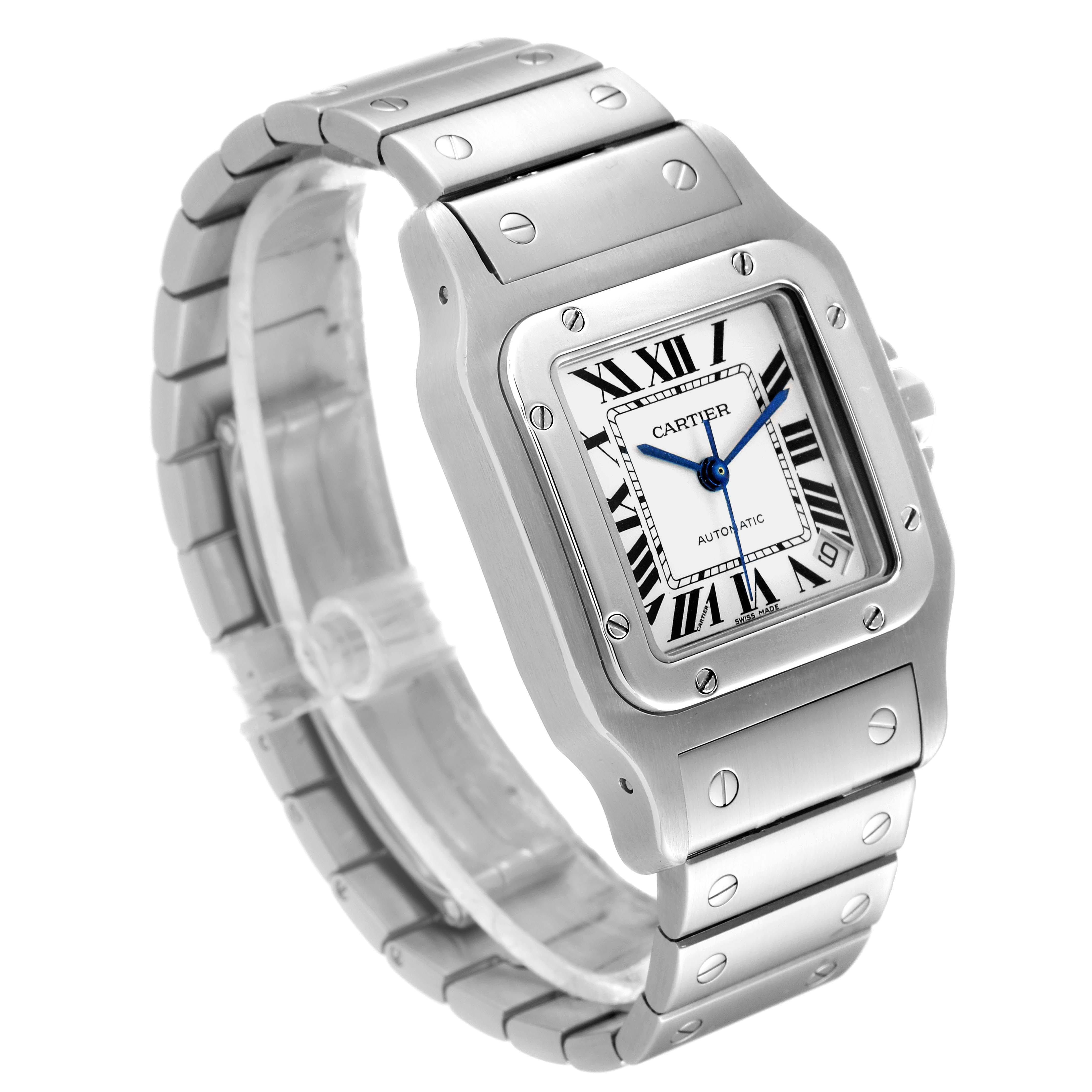 The Cartier Santos W20098D6 Men
s Stainless Steel Silver Dial W20098D6 Men
s Stainless Steel Silver Dial watch is shown at a slight angle, displaying the face, bezel, and part of the bracelet.