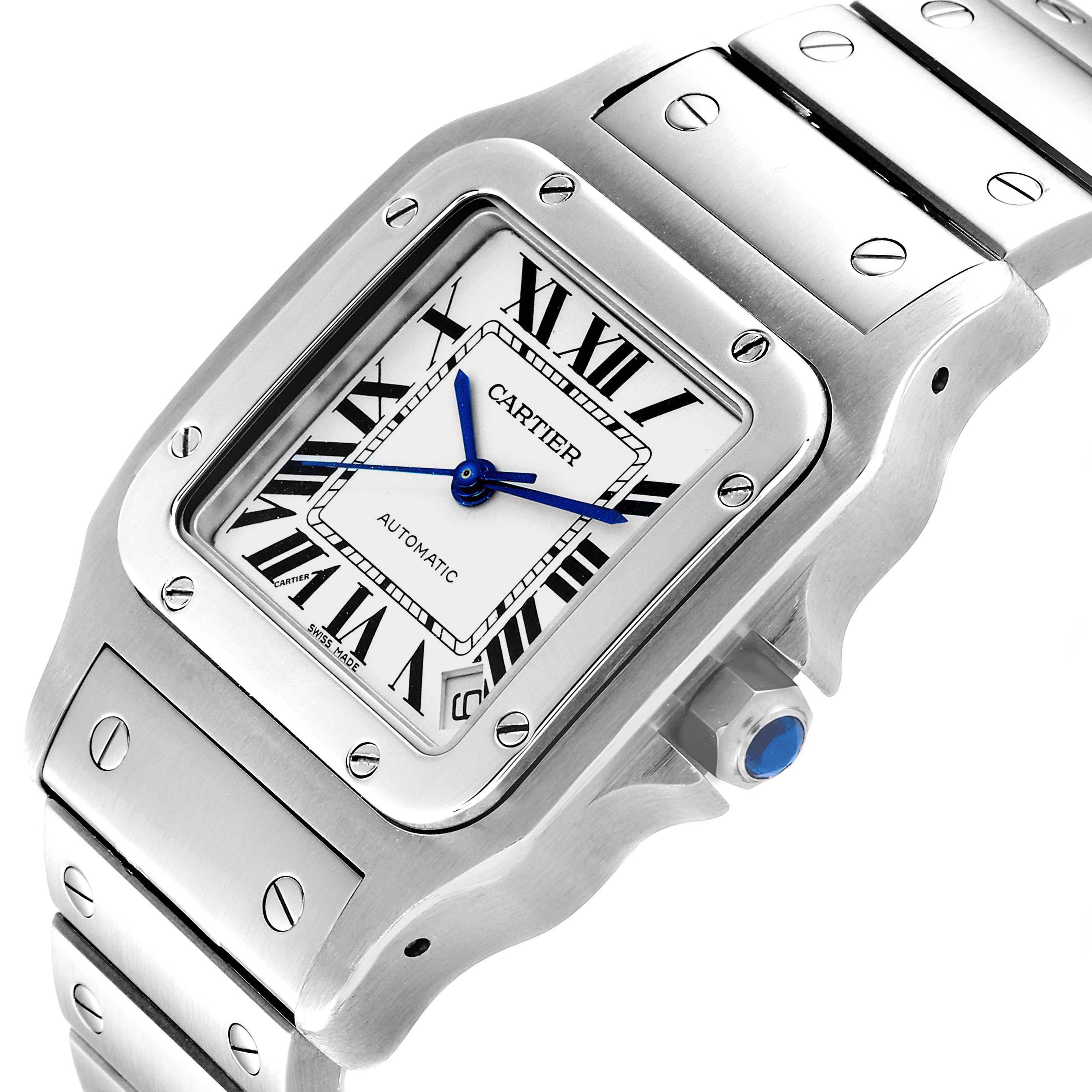 The image shows a close-up angle of the face, bezel, and part of the bracelet of a Santos model by Cartier.
