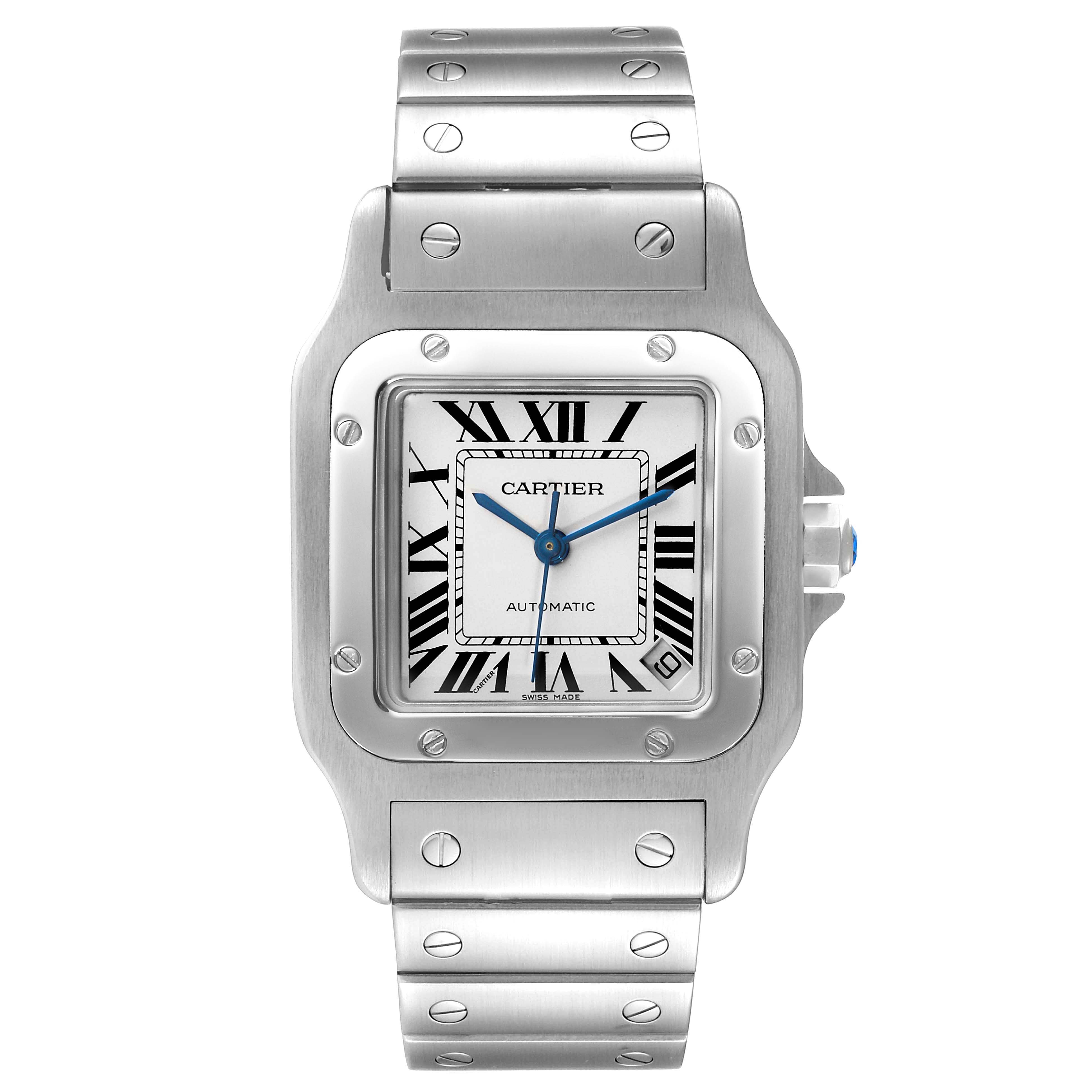 The image shows a Cartier Santos W20098D6 Men
s Stainless Steel Silver Dial W20098D6 Men
s Stainless Steel Silver Dial watch from a front angle, highlighting the face, bezel, and strap.