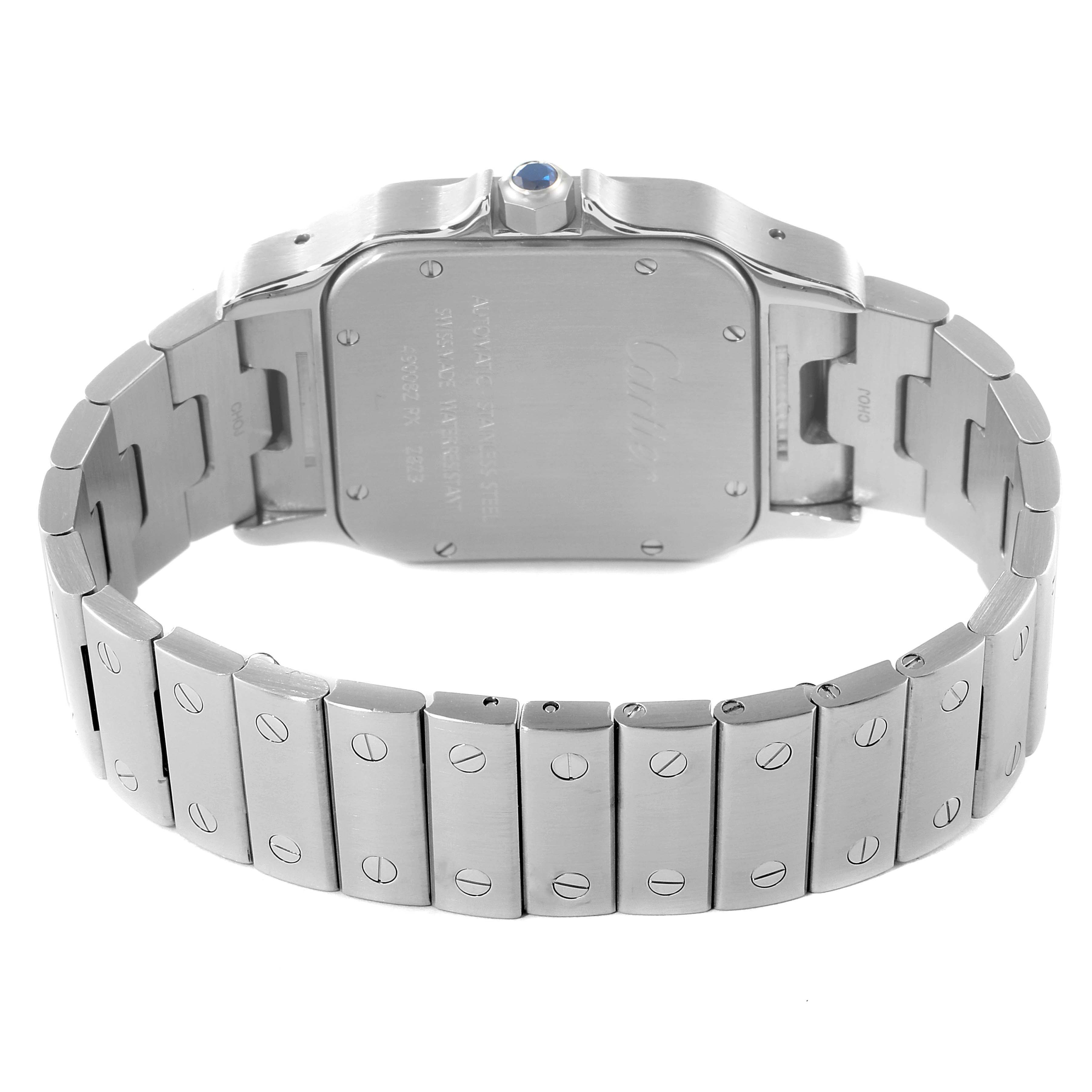 The image shows the back view and bracelet of the Cartier Santos W20098D6 Men
s Stainless Steel Silver Dial W20098D6 Men
s Stainless Steel Silver Dial watch, highlighting the case back and metal links.