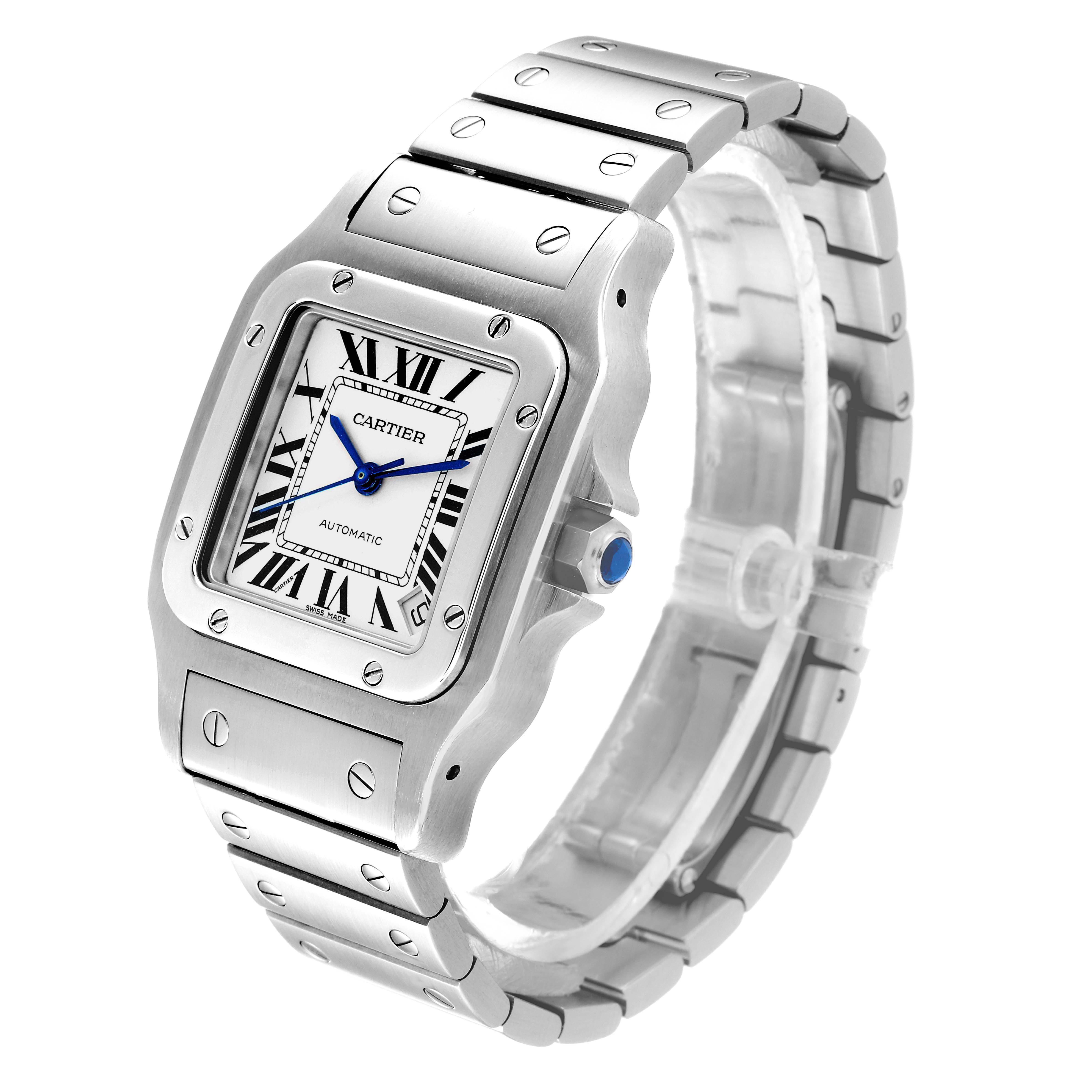 The image shows a Cartier Santos W20098D6 Men
s Stainless Steel Silver Dial W20098D6 Men
s Stainless Steel Silver Dial watch at a three-quarter angle, highlighting its face, bezel, crown, and bracelet.
