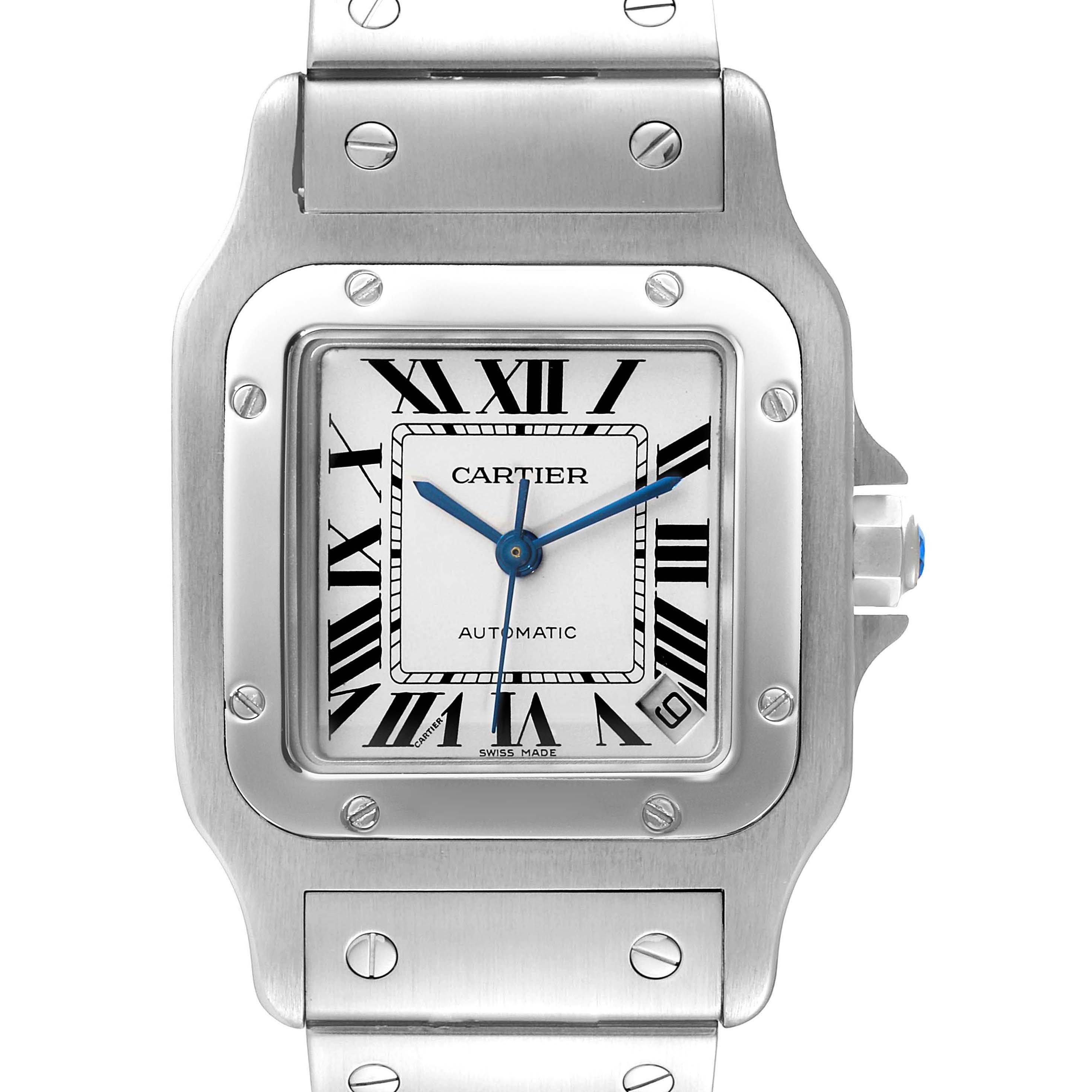 The image shows a close-up of the face and part of the bracelet of a Cartier Santos W20098D6 Men
s Stainless Steel Silver Dial W20098D6 Men
s Stainless Steel Silver Dial model watch, including the dial, bezel, and crown.