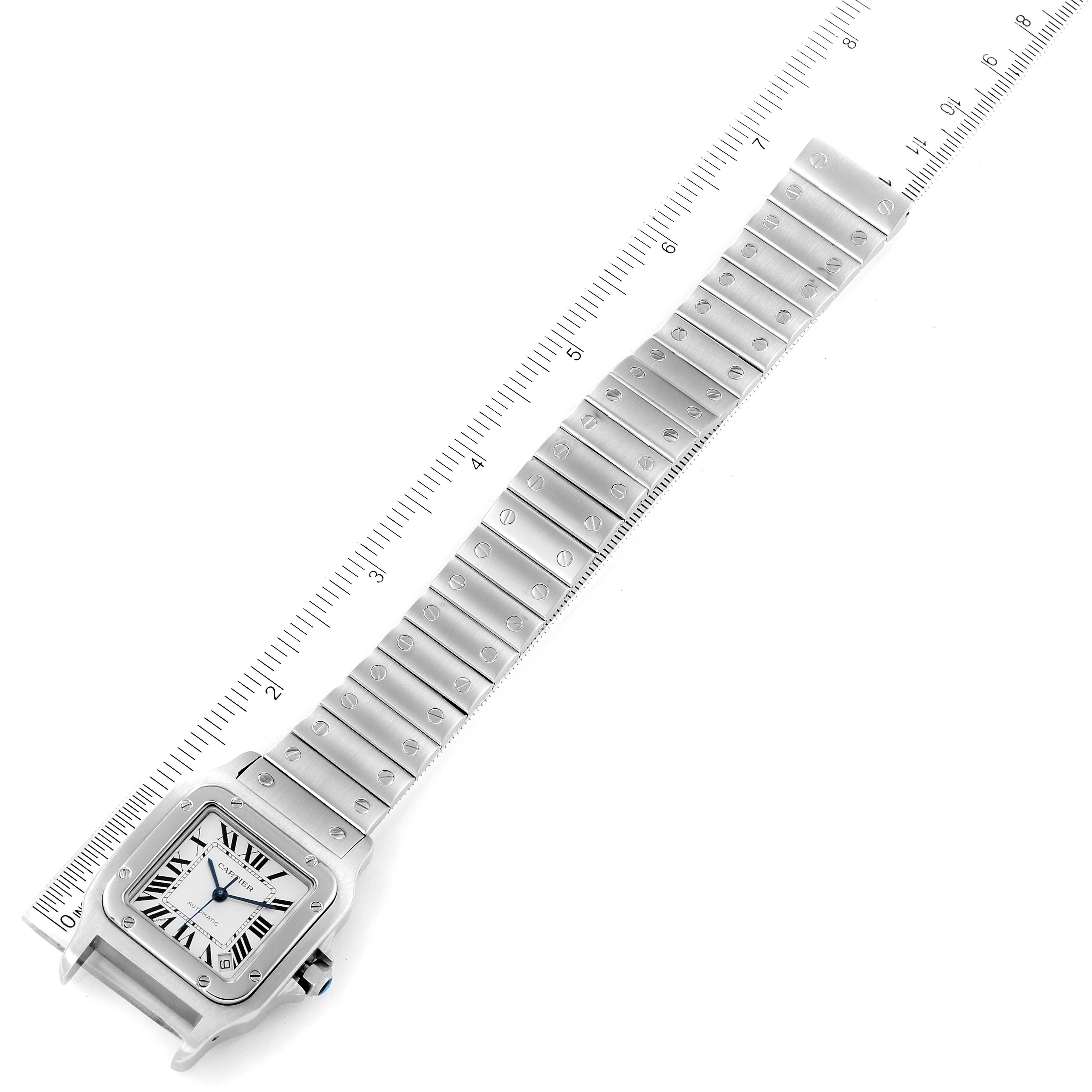 This image shows the rectangular dial and metal bracelet of a Cartier Santos W20098D6 Men
s Stainless Steel Silver Dial W20098D6 Men
s Stainless Steel Silver Dial watch, taken from an overhead angle.